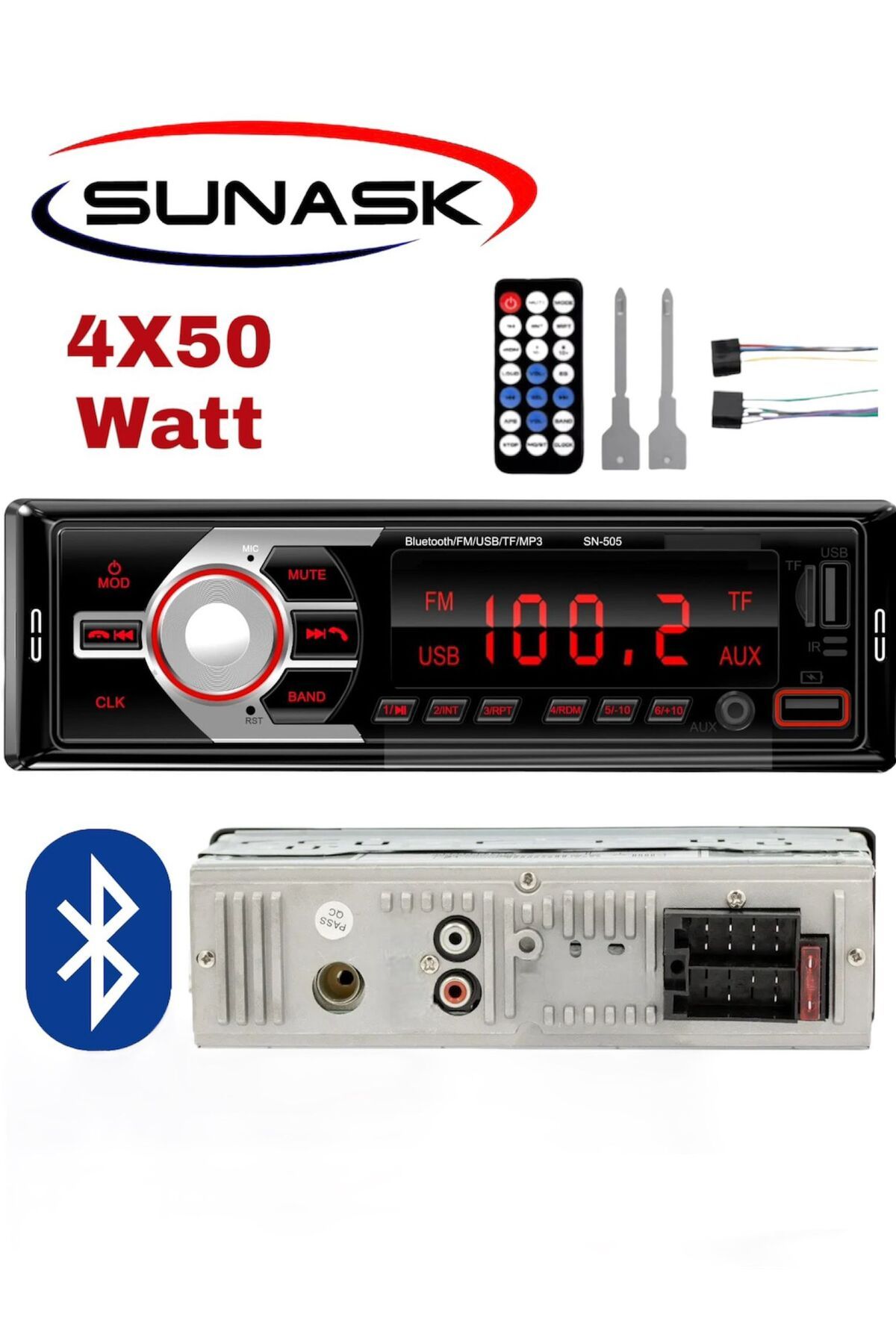 Sunask Sn-505 Çift Usb'li Bluetooth Oto Teyp Araba Teyibi Kumandalı Oto Teyip Mp3 Çalar Amfi Çıkışlı