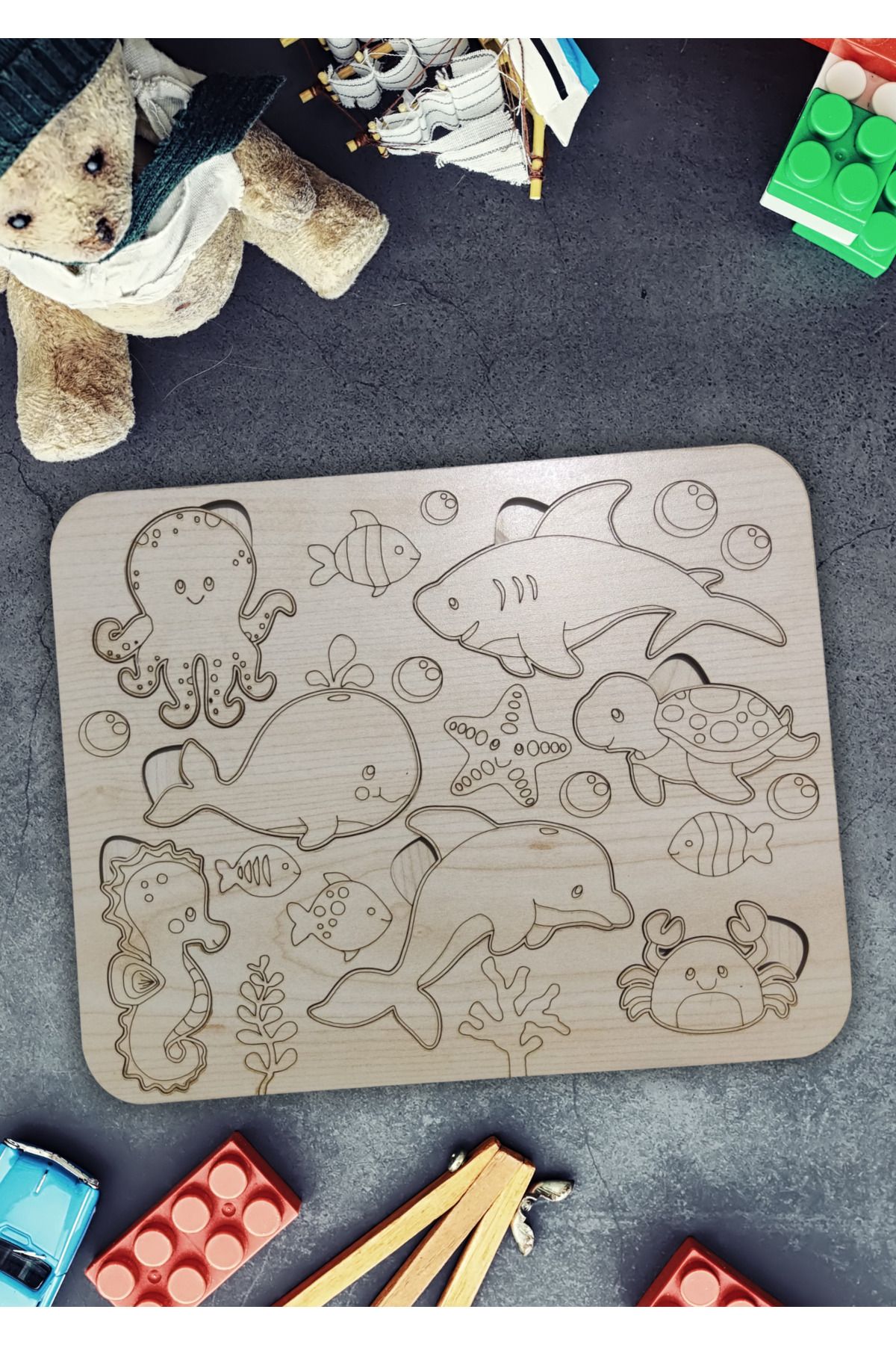 NT Handmade Çocuklar için Ahşap Eğitici Deniz Hayvanları Puzzle Yapboz - Çocuk Hediyesi Ahşap Oyuncak