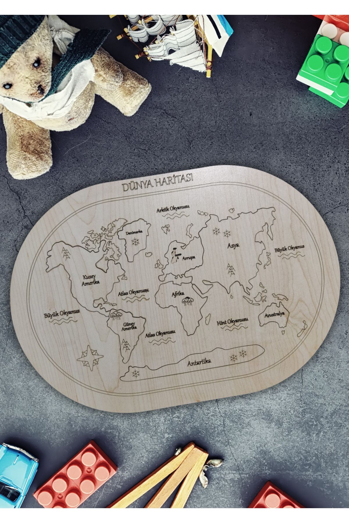 NT Handmade Çocuklar için Ahşap Eğitici Dünya Haritası Puzzle Yapboz - Çocuk Hediyesi Ahşap Oyuncak