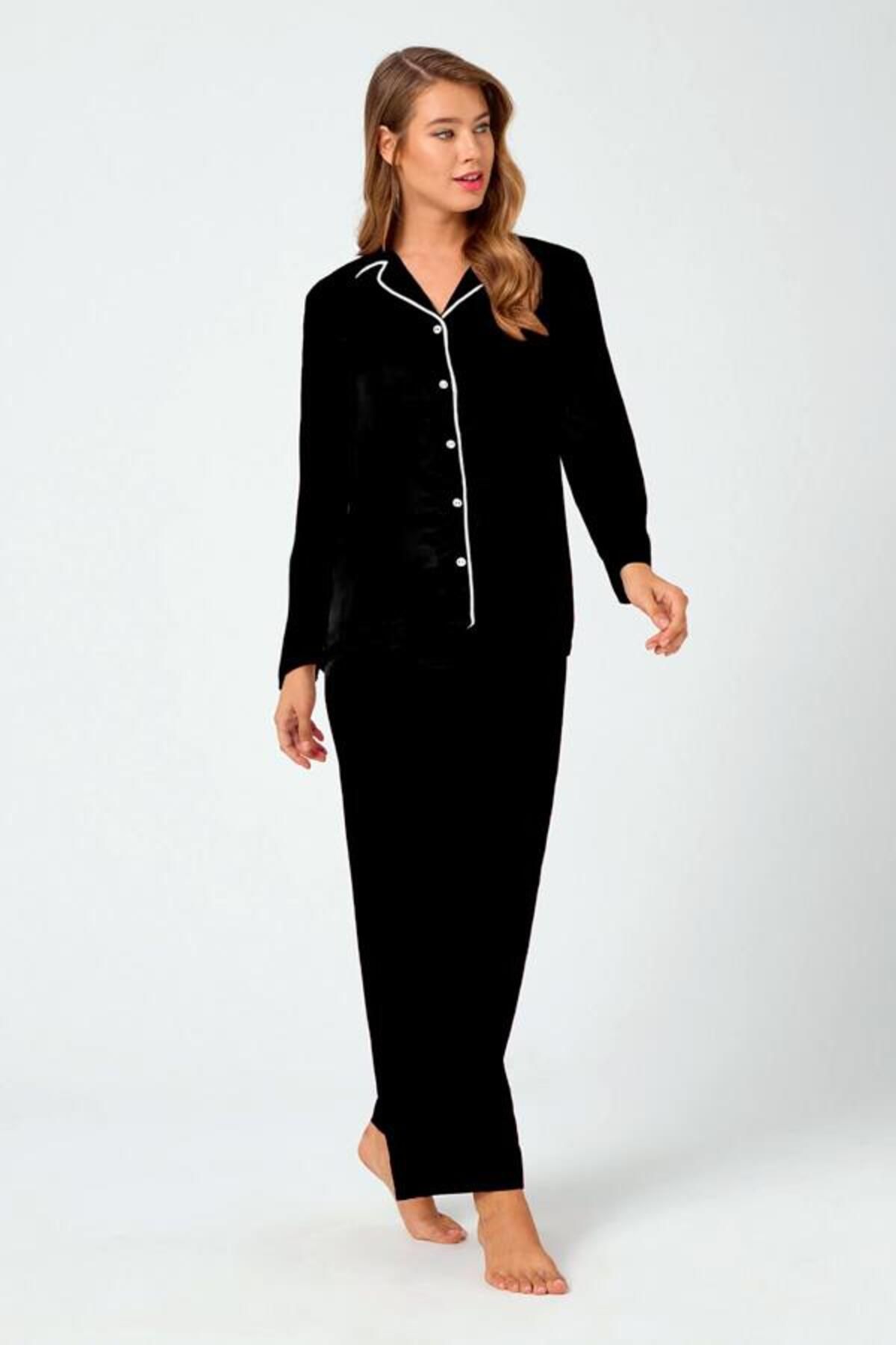 Cottonhill Siyah Önden Düğmeli Pamuklu Kadın Pijama Takımı
