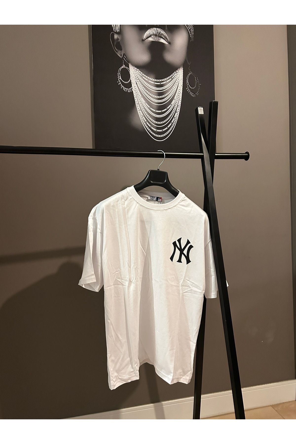 King Kısa Kollu Oversize NewYork Yankee Desenli Kalın Kumaş Beyaz Tshirt