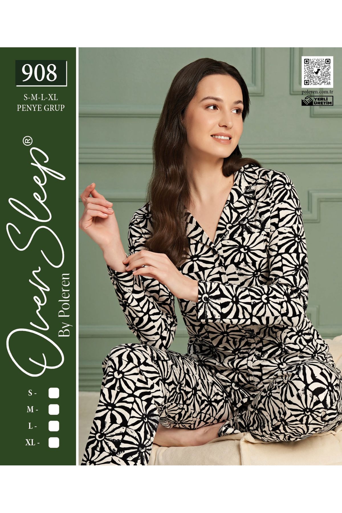 Over Sleep by Poleren Siyah Beyaz Desenli Gömlek Yaka Uzun Kollu Kadın Pijama Takımı