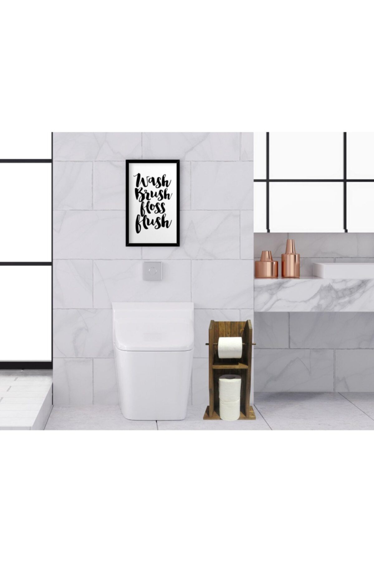 Bk Gift Home Doğal Masif Ahşap Tuvalet Kağıtlığı Ve Dekoratif Ahşap Siyah Çerçeveli Tablo Seti-1