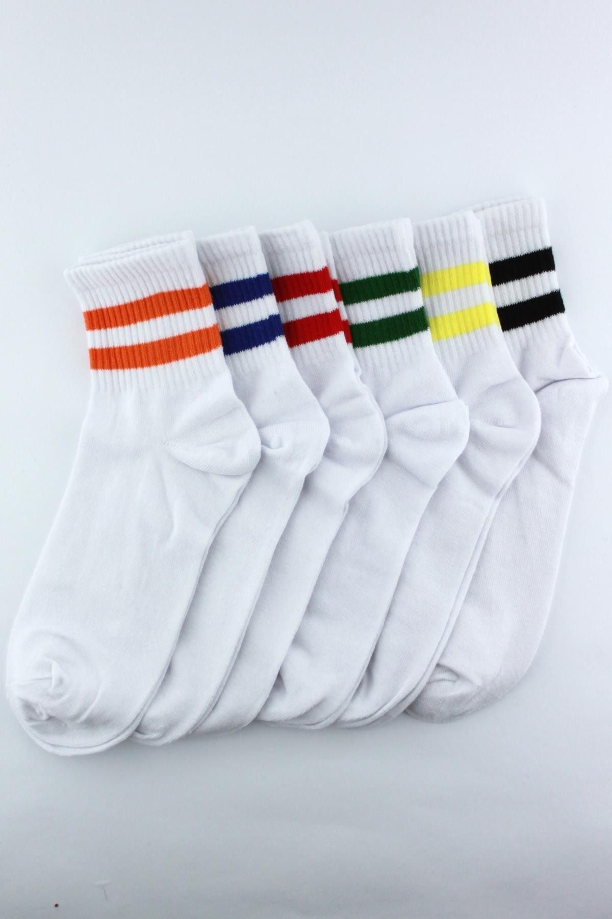 Trick or Treat Beyaz 6'lı Paket Renkli Çizgili Pamuklu Yarım Konç Erkek Kadın Unisex Çorap