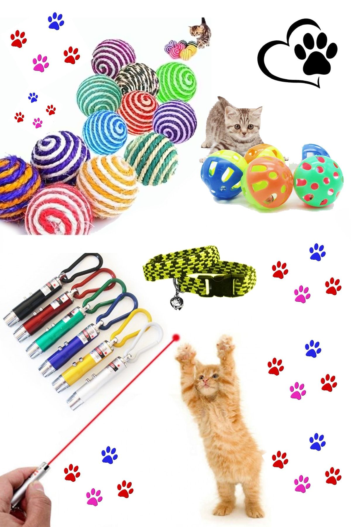 RETROAVM Pet Kedi Ip Sarma Topu , Kedi Oyun Lazeri , Çıngıraklı Top Ve Elastik Tasma Seti