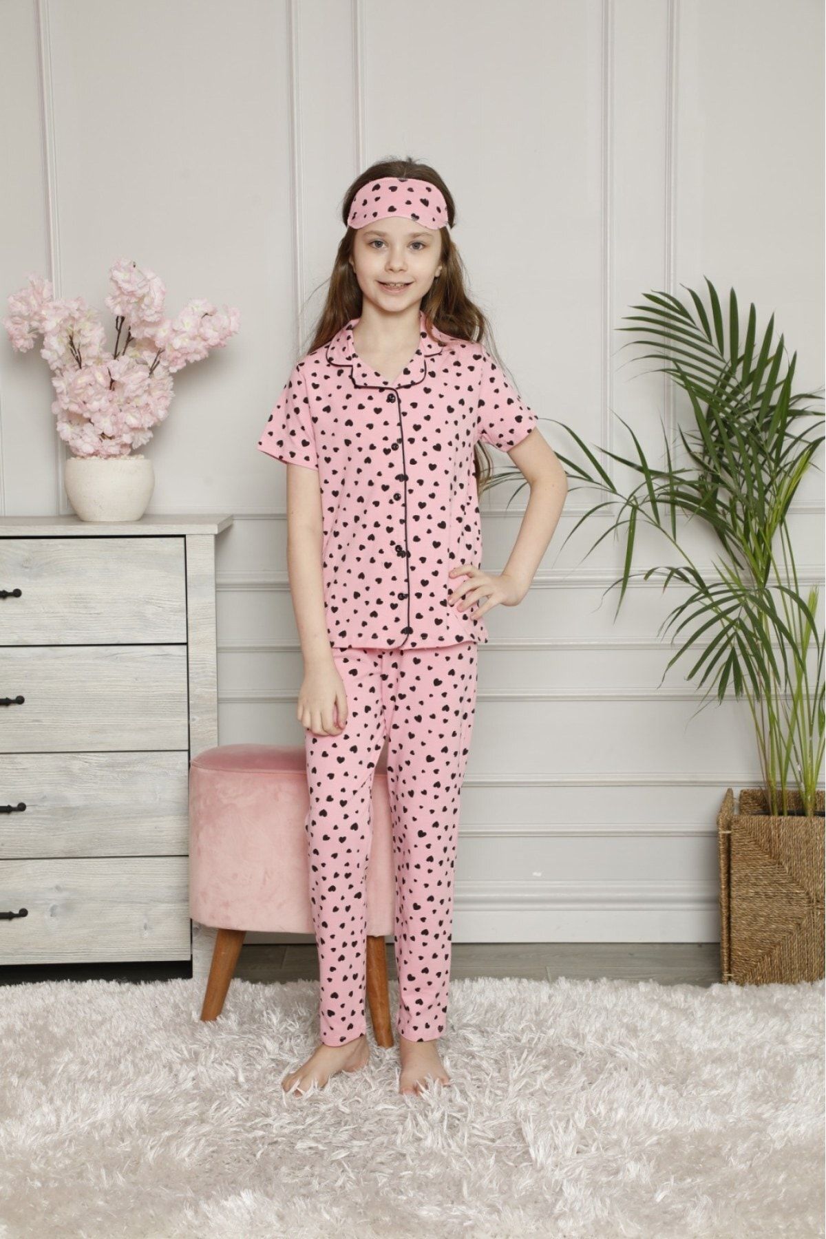 PICCALİLLY Kız Çocuk Pembe Kısa Kollu Kalp Desenli Göz Bantlı Düğmeli Pijama Takımı