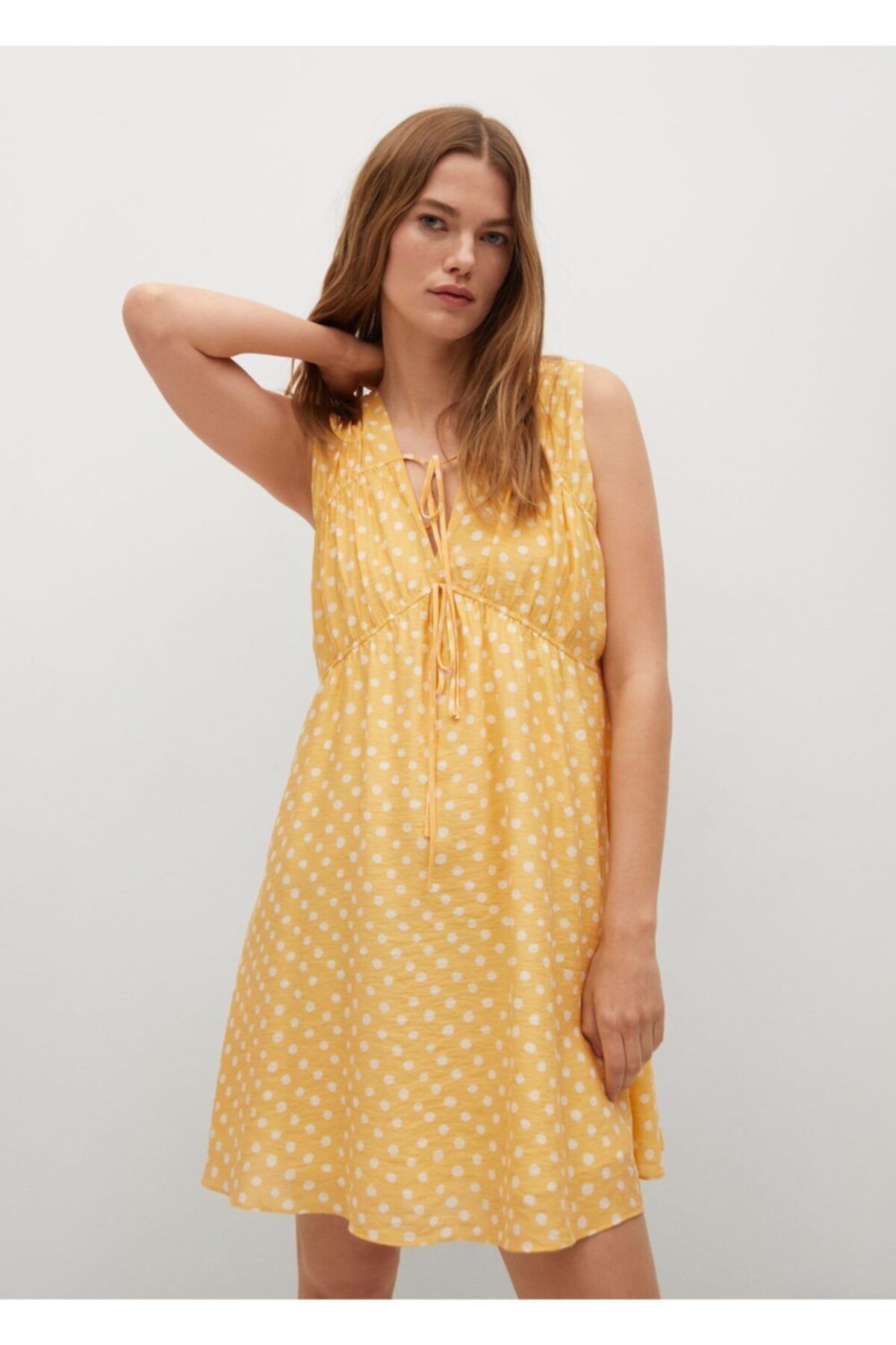 MANGO Kadın Sarı Desenli Dökümlü Elbise