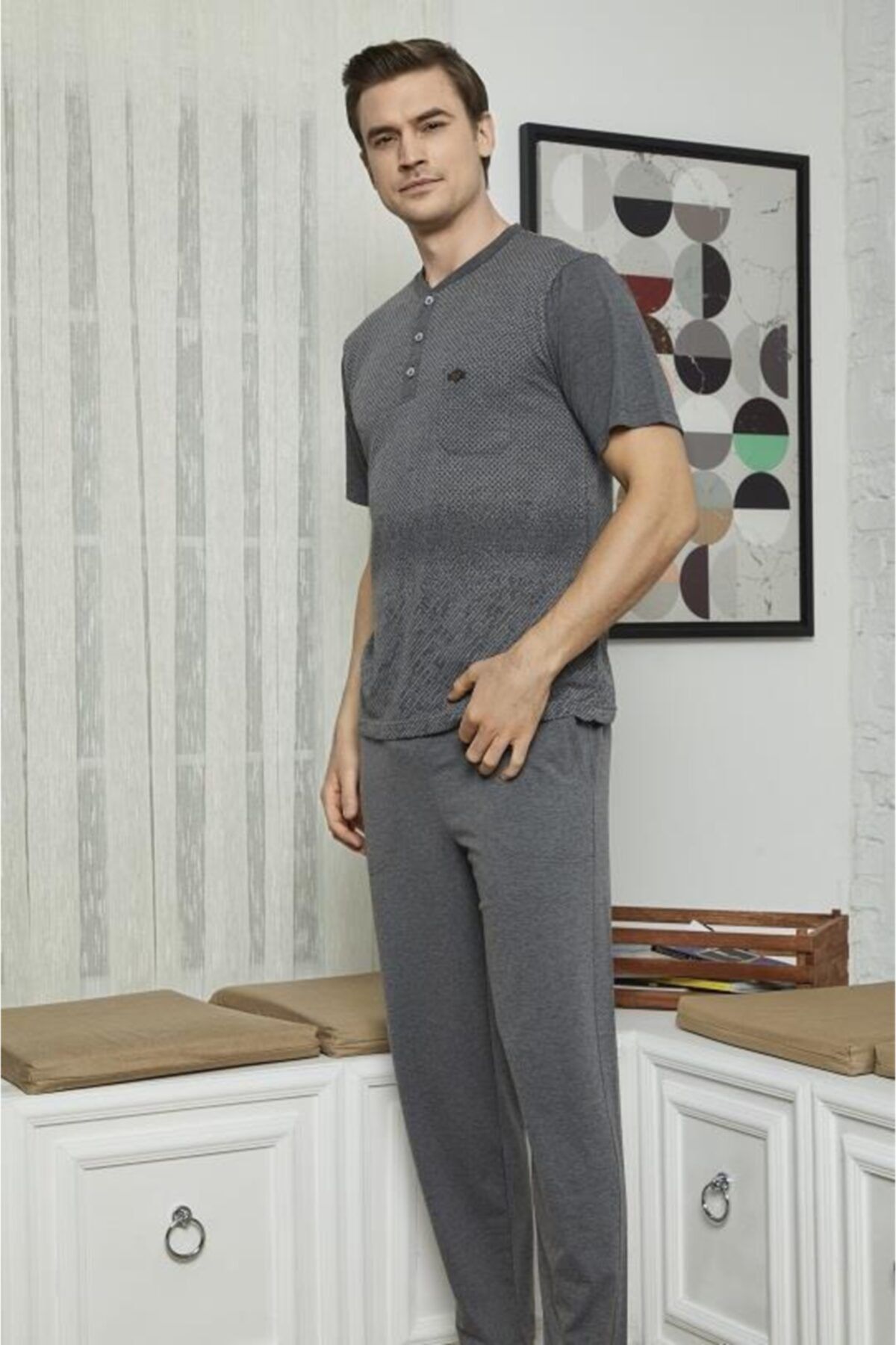 KLY Erkek Midi Yaka Pijama Takımı 3'lü