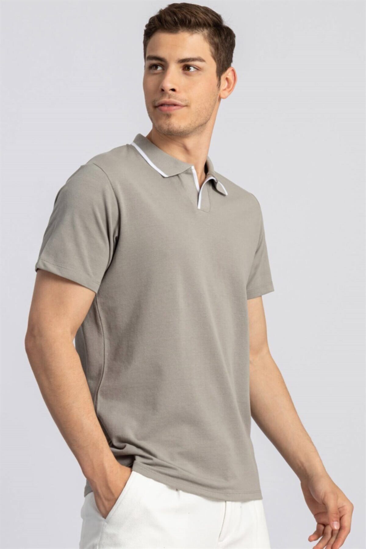 Tudors Erkek Gri Slim Fit Düğmesiz Polo Yaka Düz T-shirt