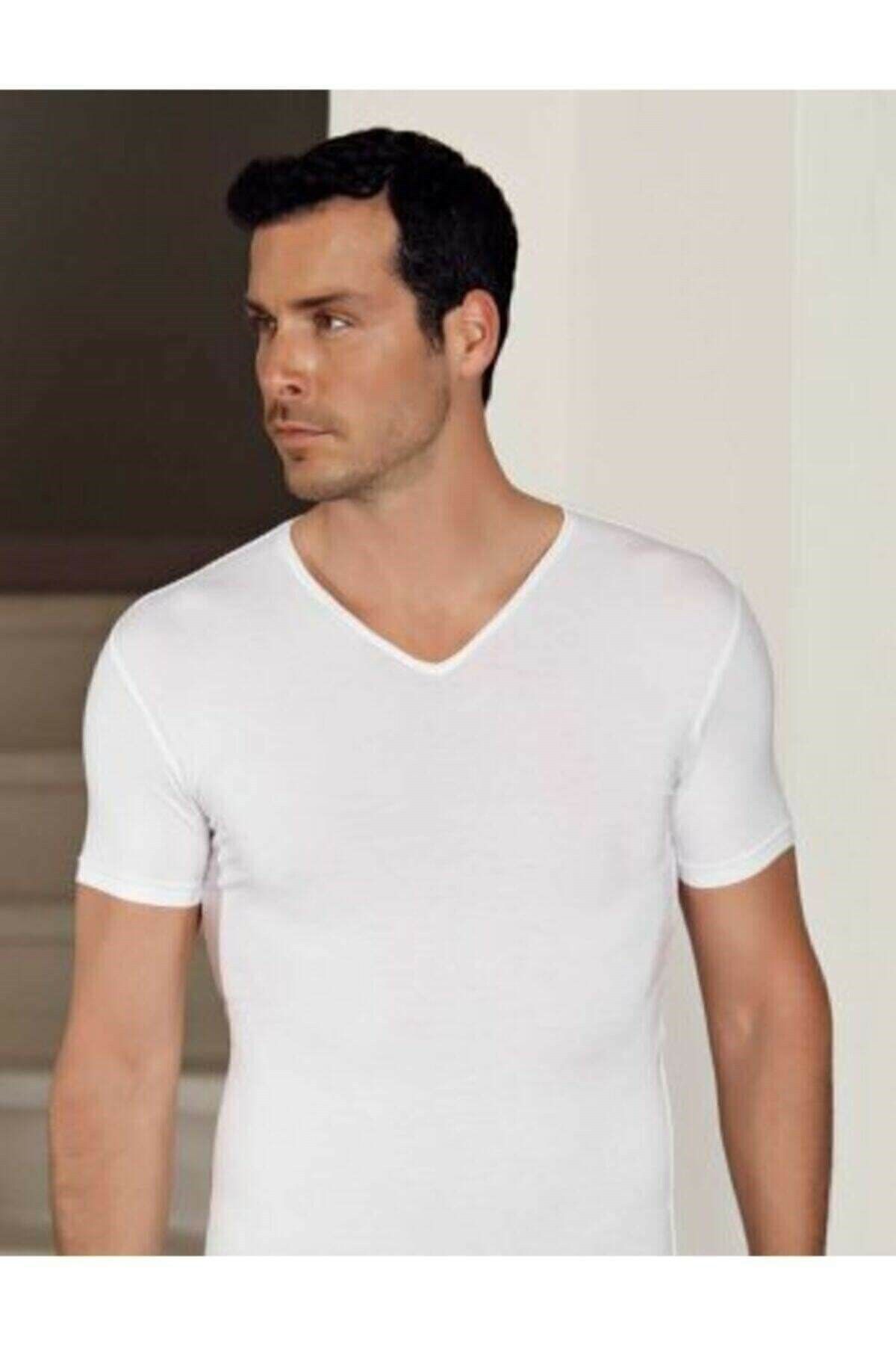 Hmd 712 Derin V Yaka Kısa Kollu Likralı T-shirt - Beyaz