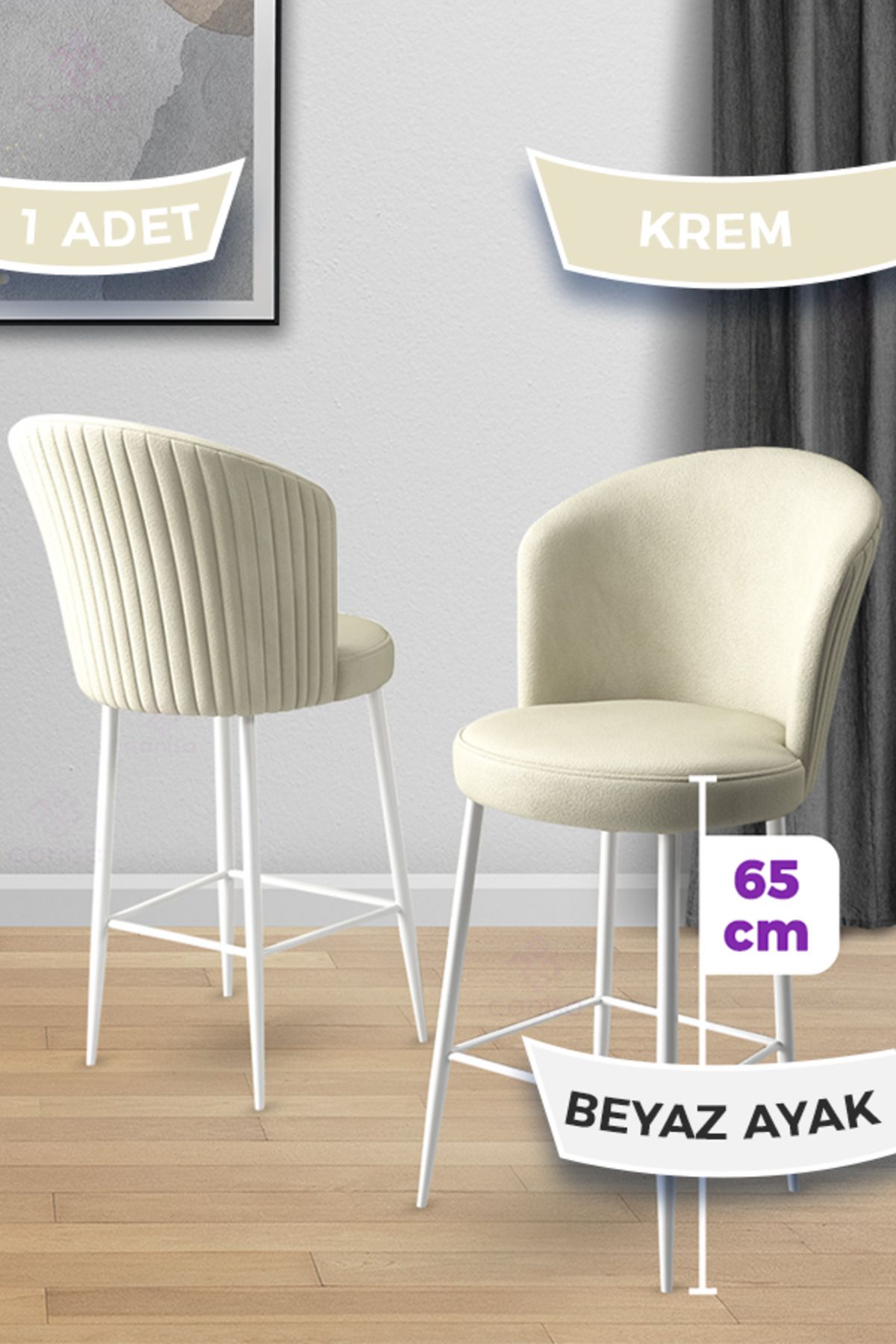 Canisa Concept Alte Serisi 1 Adet 65 Cm Krem Ada Mutfak Bar Sandalyesi Babyface Kumaş Beyaz Metal Ayaklı