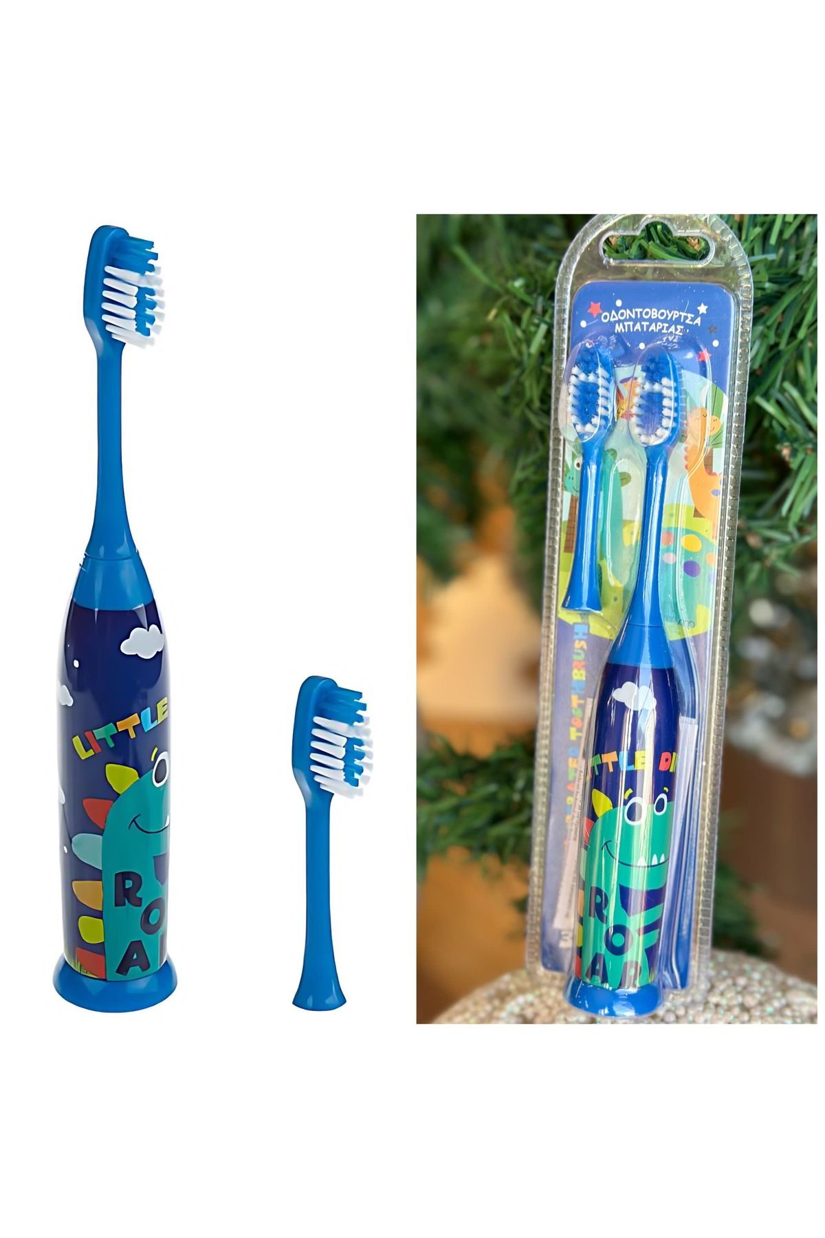 QUEEN AKSESUAR İthal lüks yedek başlıklı mavi dinazor dino pilli çocuk diş fırçası özel fırça erkek çocuk