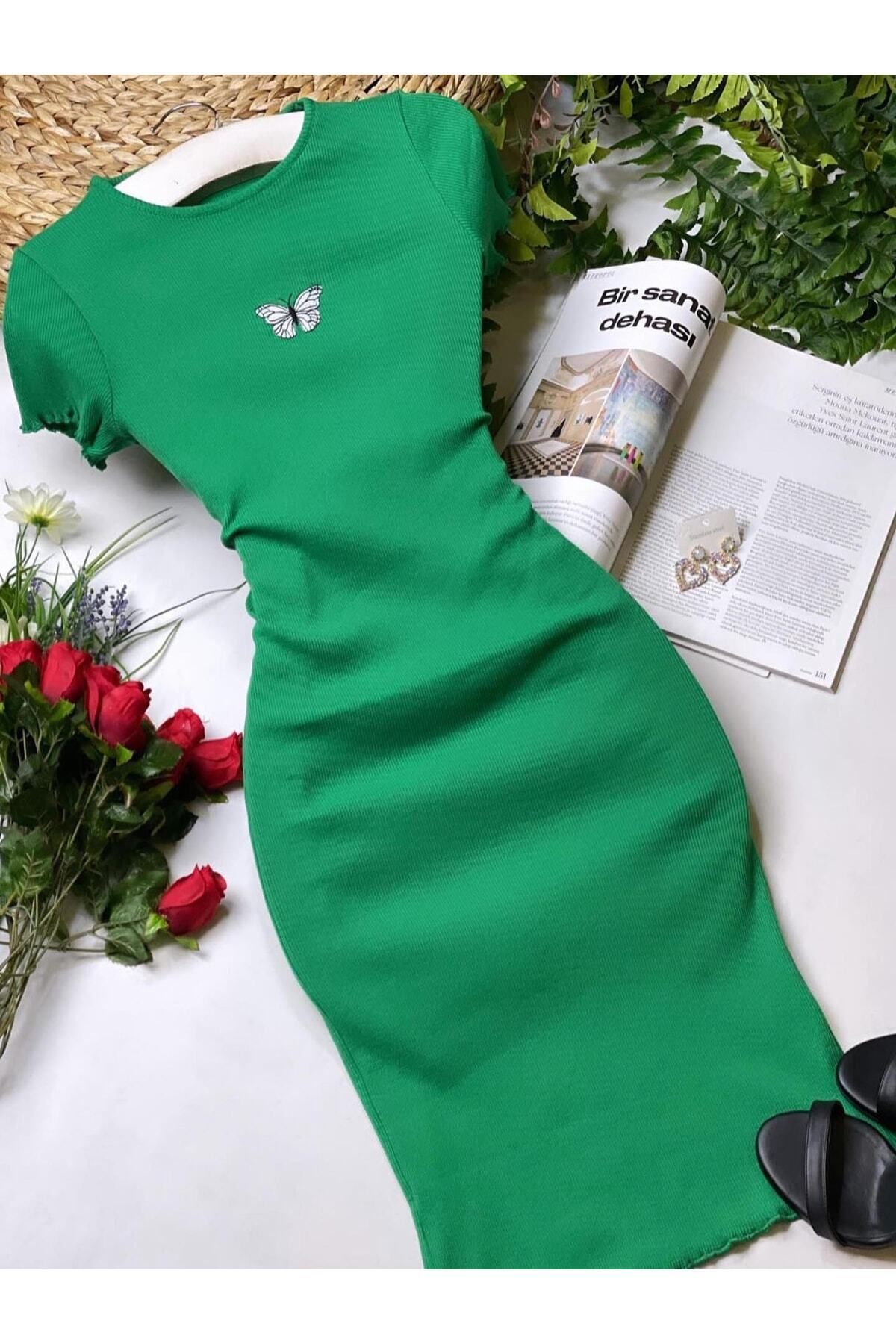 YUSUF CAN KARATAŞ KARATAŞ GİYİM Kadın Yeşil Renk Kaşkorse Kumaş Kelebek Baskılı Kısa Kollu Elbise 100 cm