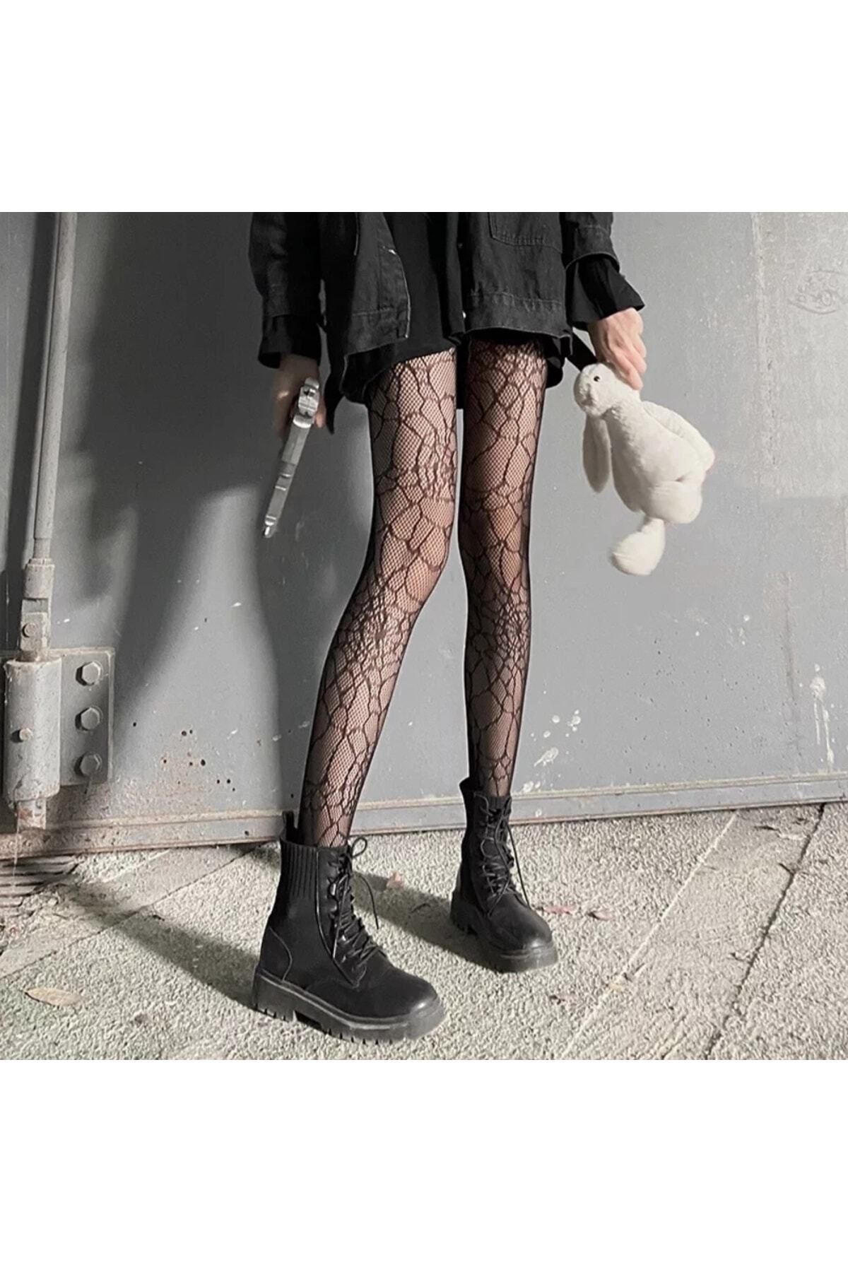 VEGAROKS Punk Gothic Lolita Punk Örümcek Ağ Desenli Ithal Külotlu Çorap