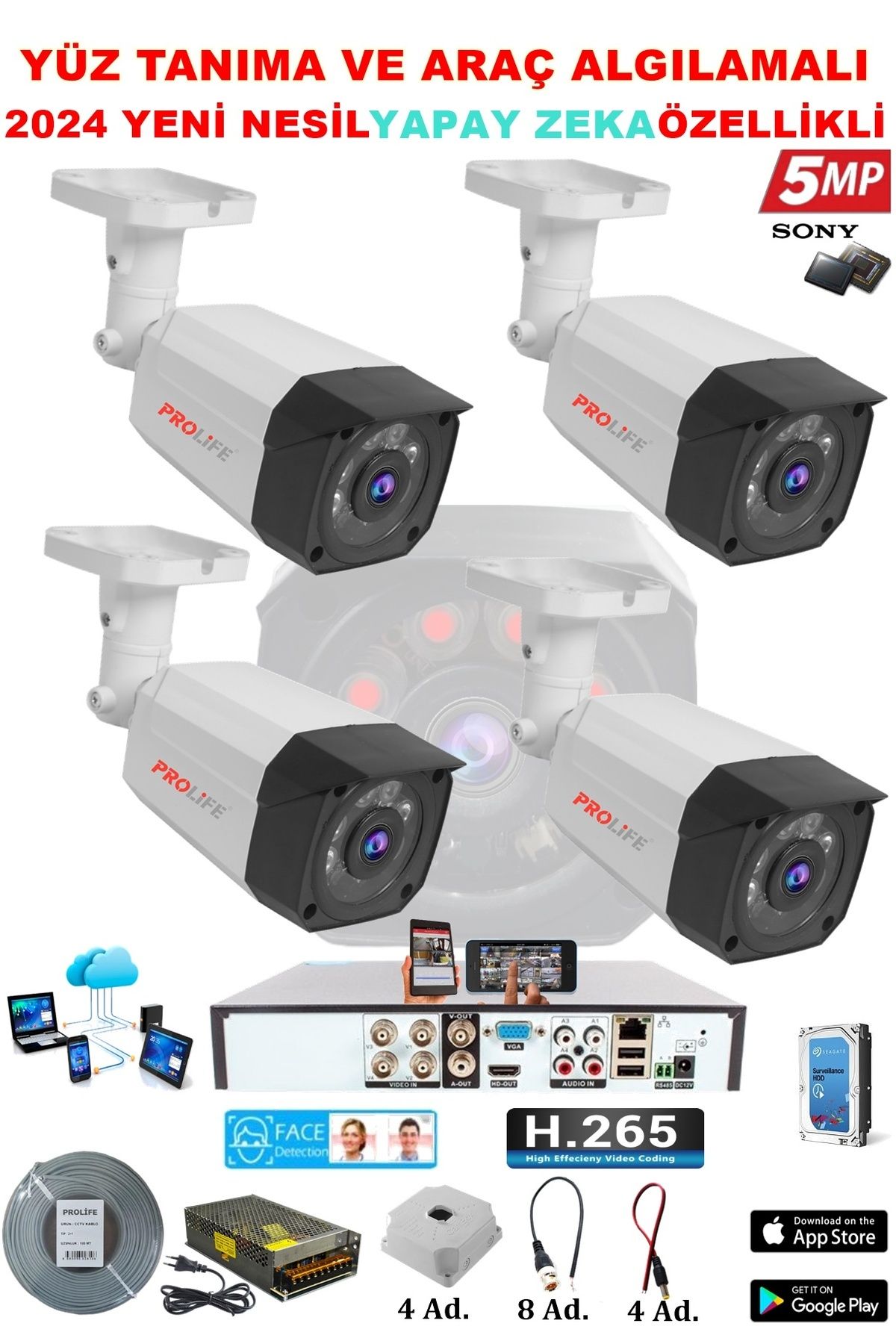PROLİFE 4 Kameralı Set Full Hd Gece Görüşlü Su Geçirmez Güvenlik Kamerası Kamera Sistemi