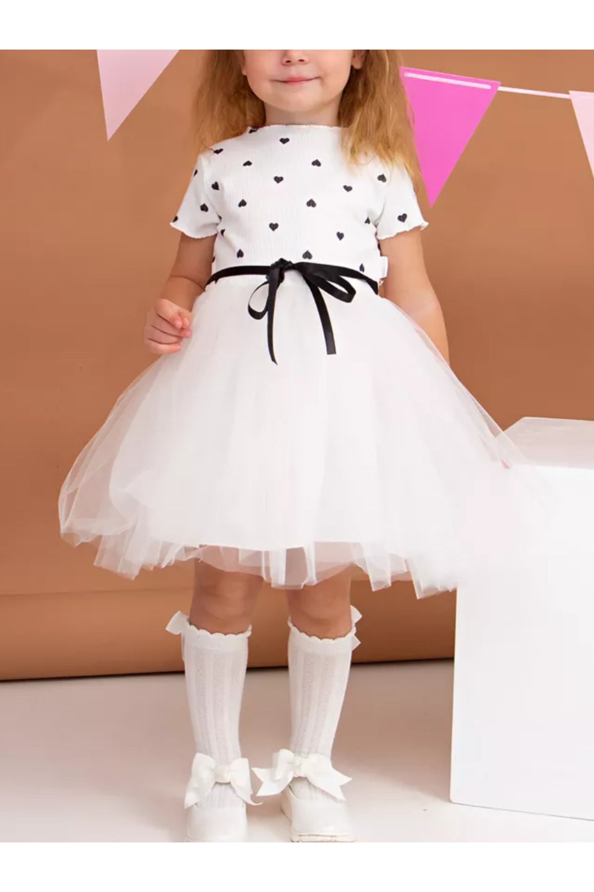 nc gift Kabarık Tüllü Esnek Likralı Kalp Baskılı Prenses Tütü Elbise