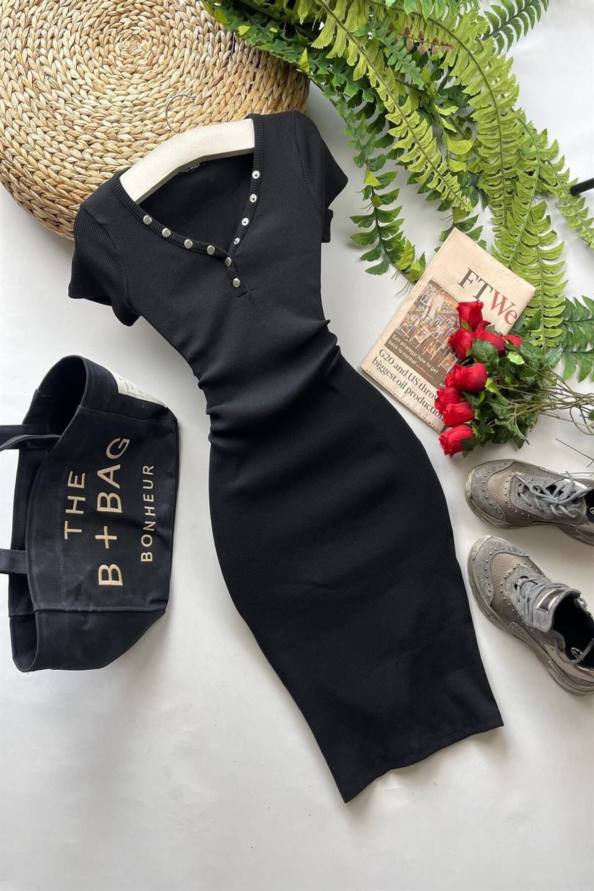 MaxiMor Kadın Siyah Renk Kaşkorse Kumaş Yakası Patlı Kısa Kollu Kalem Elbise Boy 100 Cm