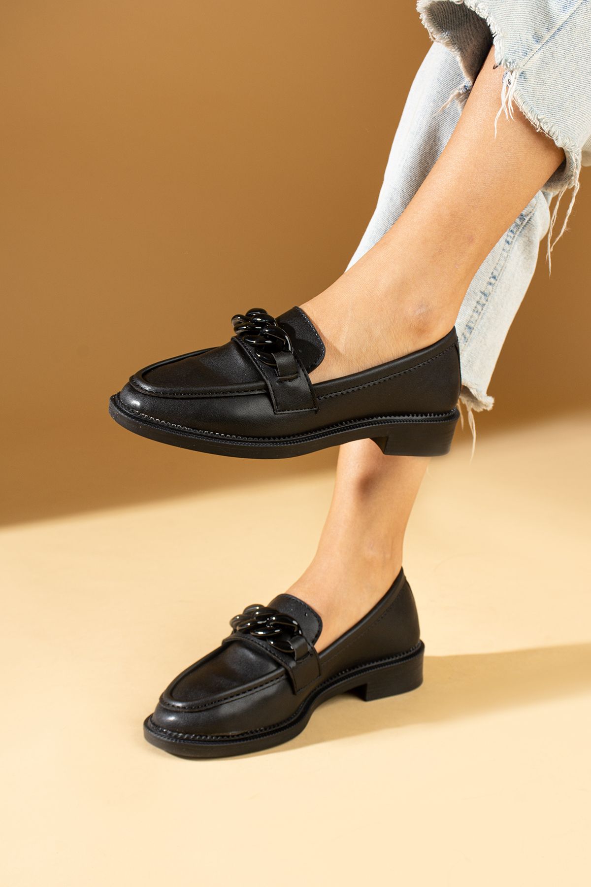 Pembe Potin Kadın Siyah Loafer Makosen Casual Tokalı Günlük Rahat Taban Ayakkabı