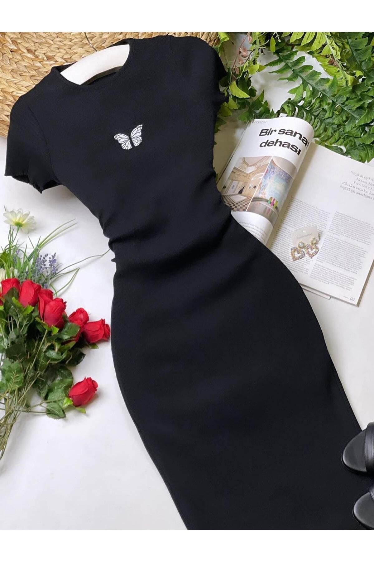 MaxiMor Kadın Siyah Renk Kaşkorse Kumaş Kelebek Baskılı Kısa Kollu Elbise 100 Cm