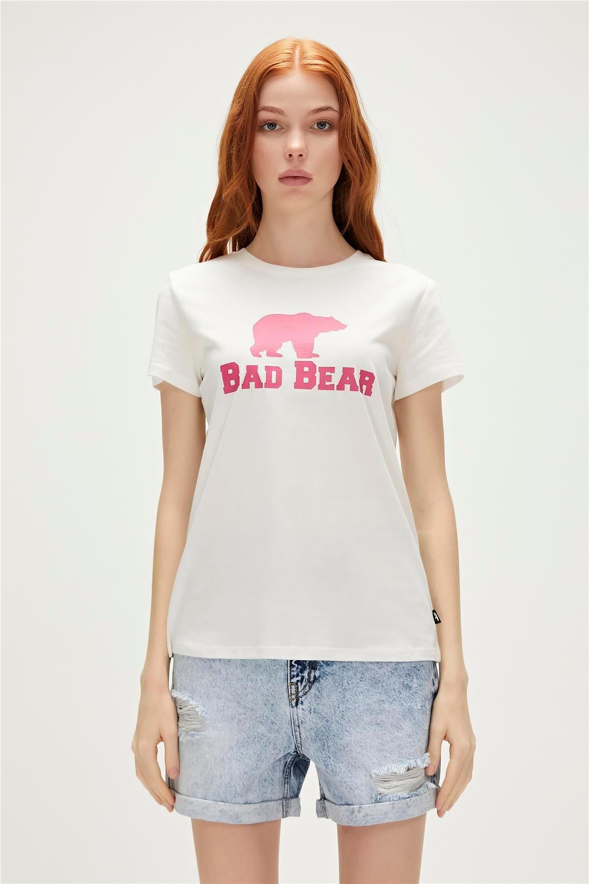 Bad Bear Logo Tee T-shirt Off-white Beyaz/fuşya Baskılı Kadın Tişört