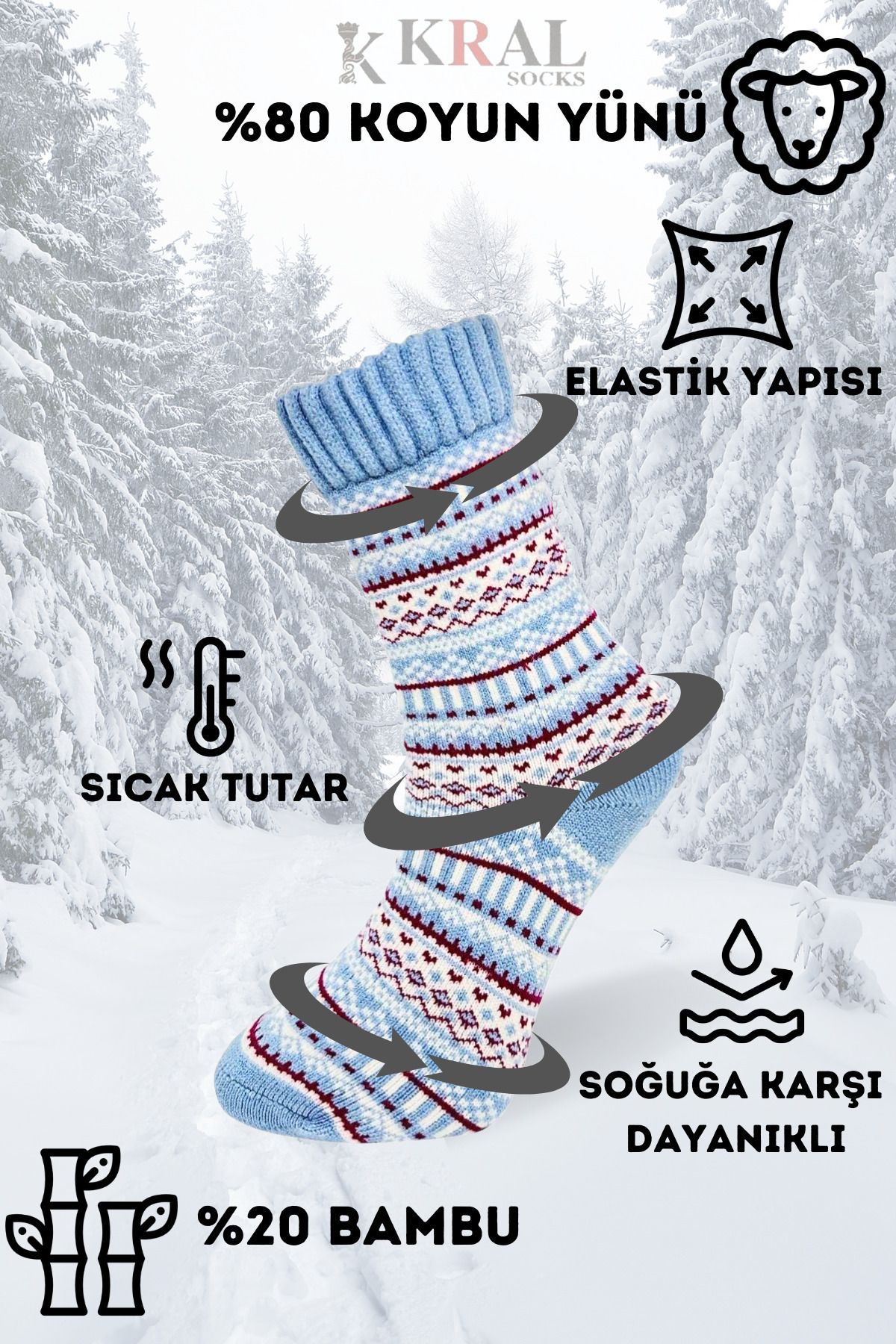 Miss Lana Özel Üretim (3 Çift) Kalın Kışlık %100 Yün Çizgili - Motif Desenli Çorap