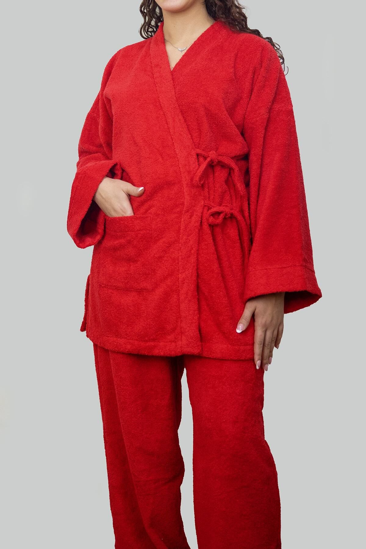 Bornox Kırmızı Havlu Pijamalı Bornoz Seti