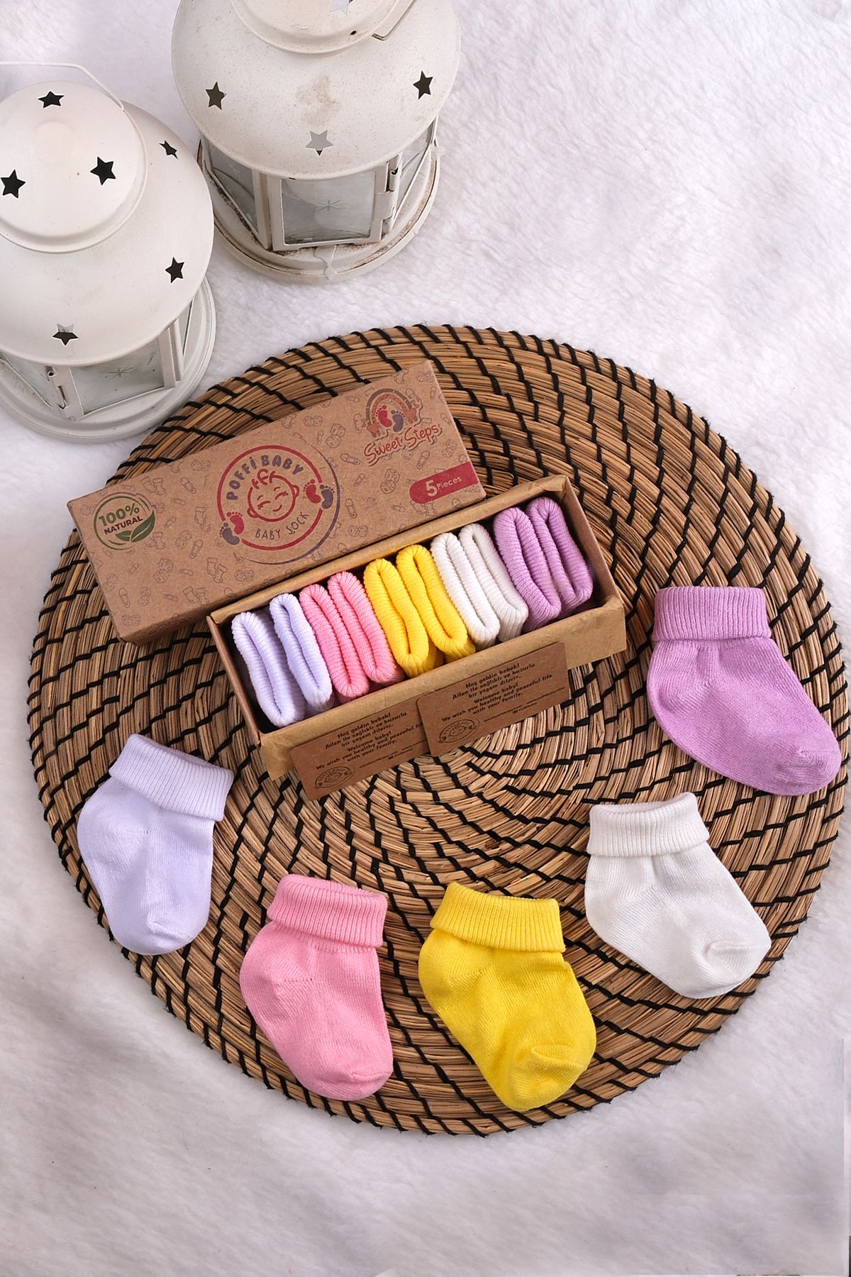poffibaby Organik Pamuk Unisex 5'li Kutulu Premium Yeni Doğan Bebek Çorabı