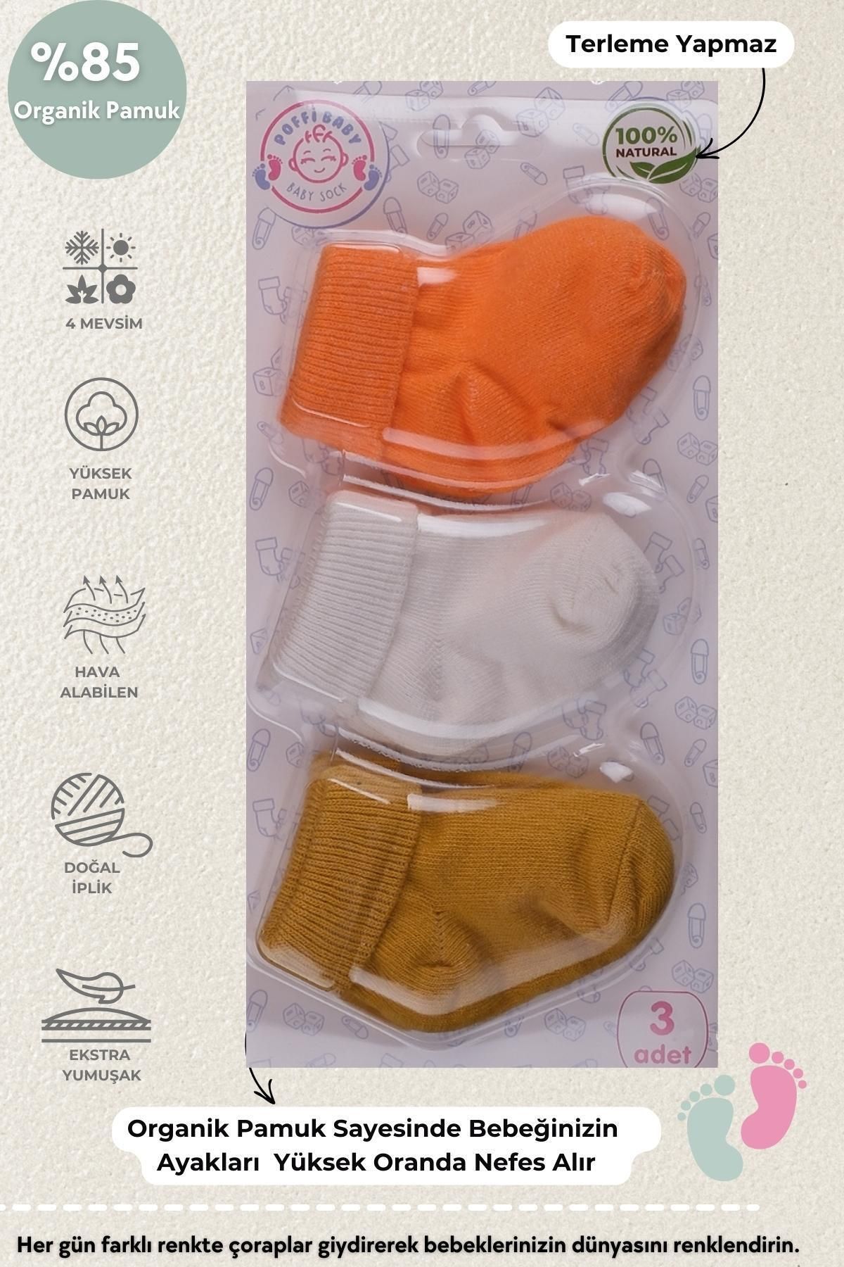 poffibaby Organik Pamuk Unisex 3'lü Paket Premium Yeni Doğan Bebek Çorabı