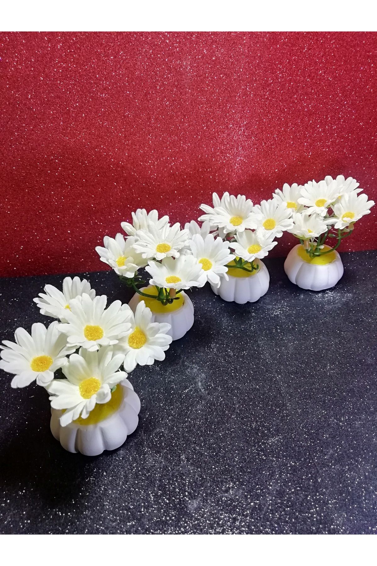 TAKATUKA HEDİYELİK 4 Adet Mini Kabak Saksılı Yapay papatyalı Çiçek Dekoratif Kahve yanı sunumluk obje