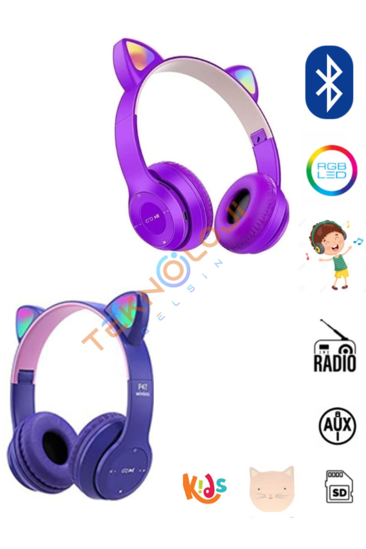 Teknoloji Gelsin Kedi Kulaklık Kız Erkek Çocuk Kulaklığı Kulaküstü Işıklı Mikrofonlu Kablosuz İngilizce Eğitim Klaklk