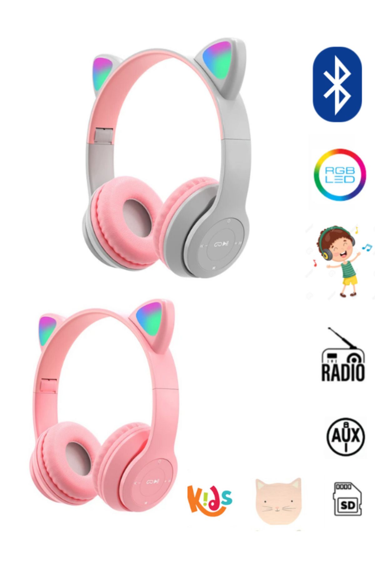 Teknoloji Gelsin Kedi Kulaklık Kız Erkek Çocuk Kulaklığı Kulaküstü Işıklı Mikrofonlu Kablosuz İngilizce Eğitim Klaklk