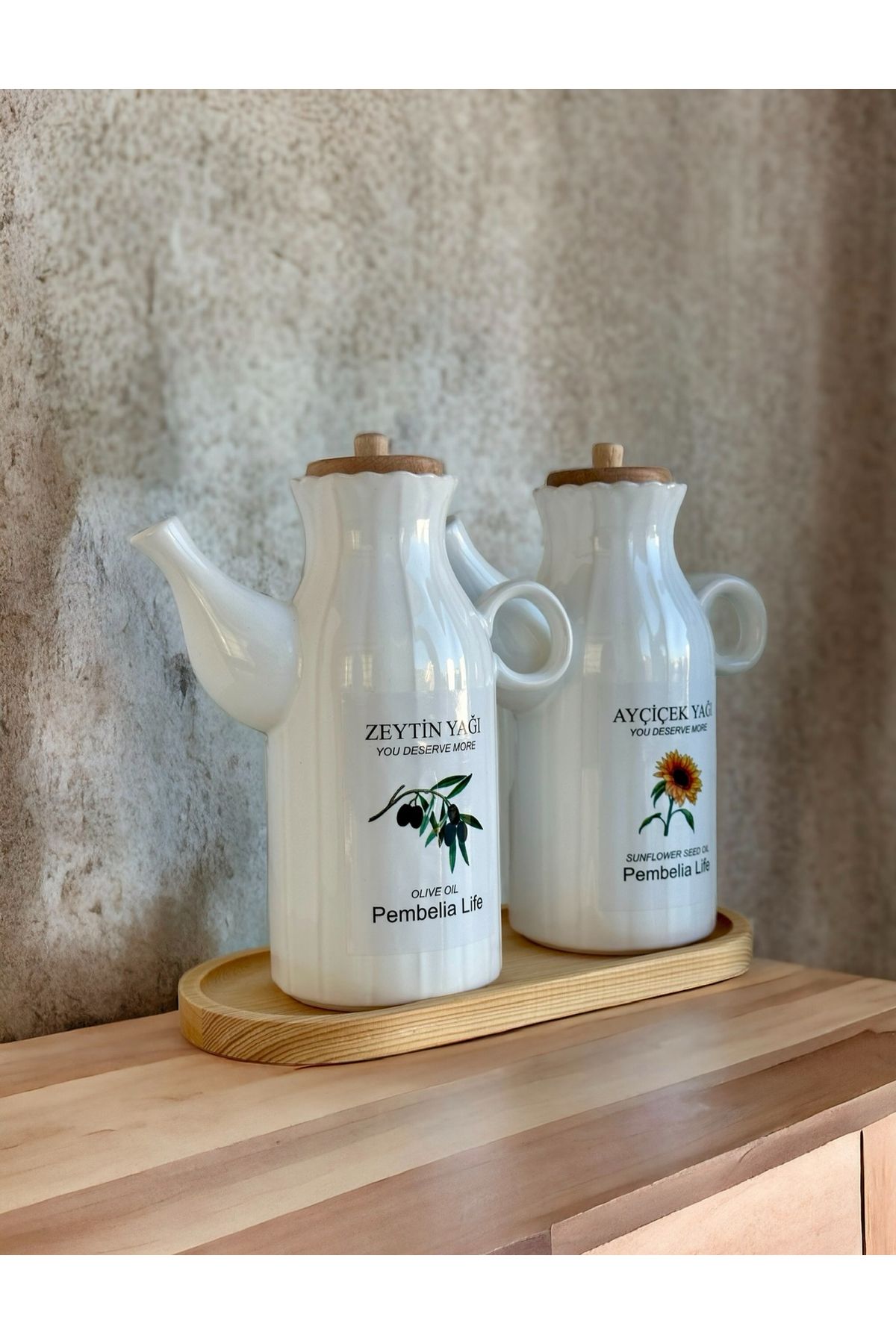 Kitchen Pembelia Bambu Standlı Etiketli 2’li Porselen 1000ml Yağdanlık Seti Yağlık Takımı