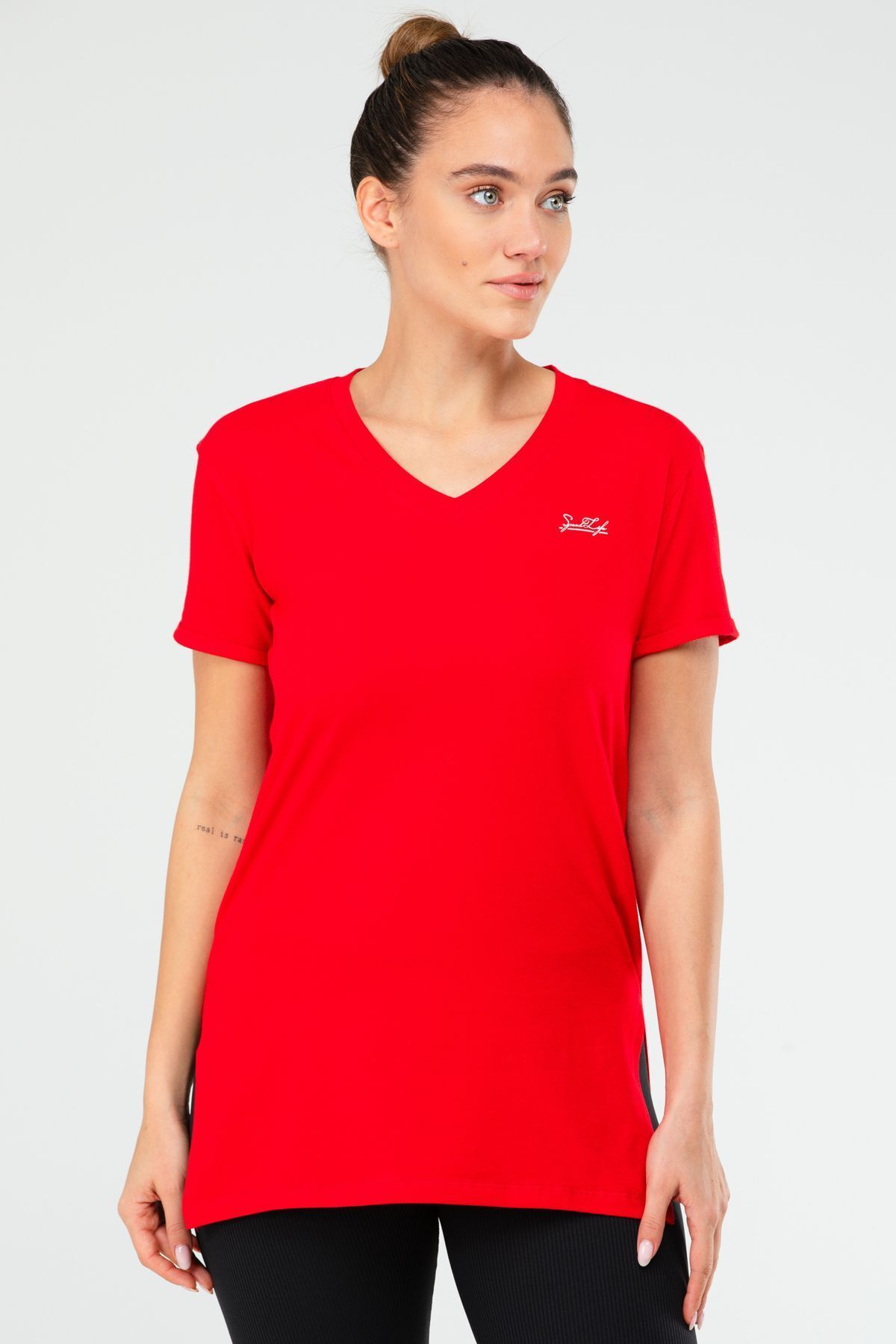 Speedlife Kırmızı Slim Fit Pamuklu V Yaka Kısa Kol Kadın Tişört Sf0390-1