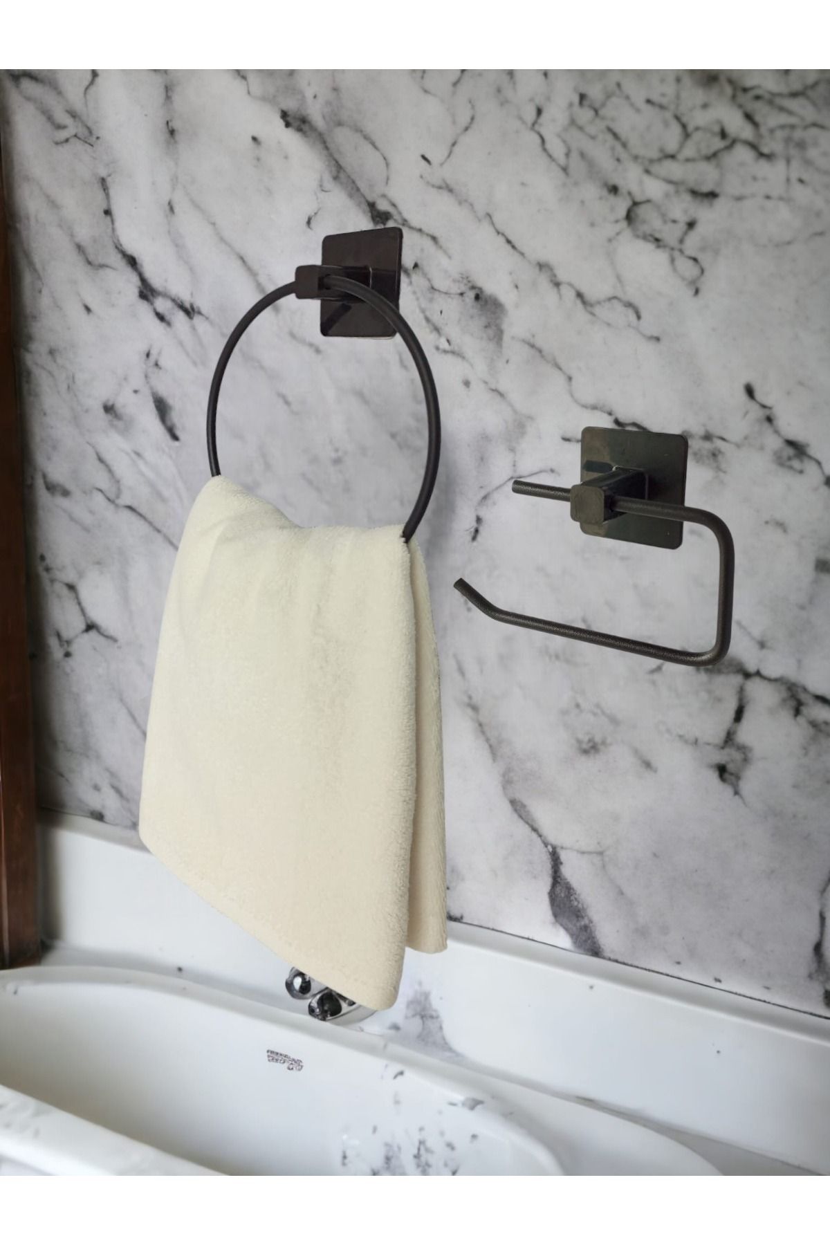 Egem Home Yapışkanlı Banyo Aksesuar Seti Yuvarlak Havluluk Kapaksız Tuvalet Kağıtlığı
