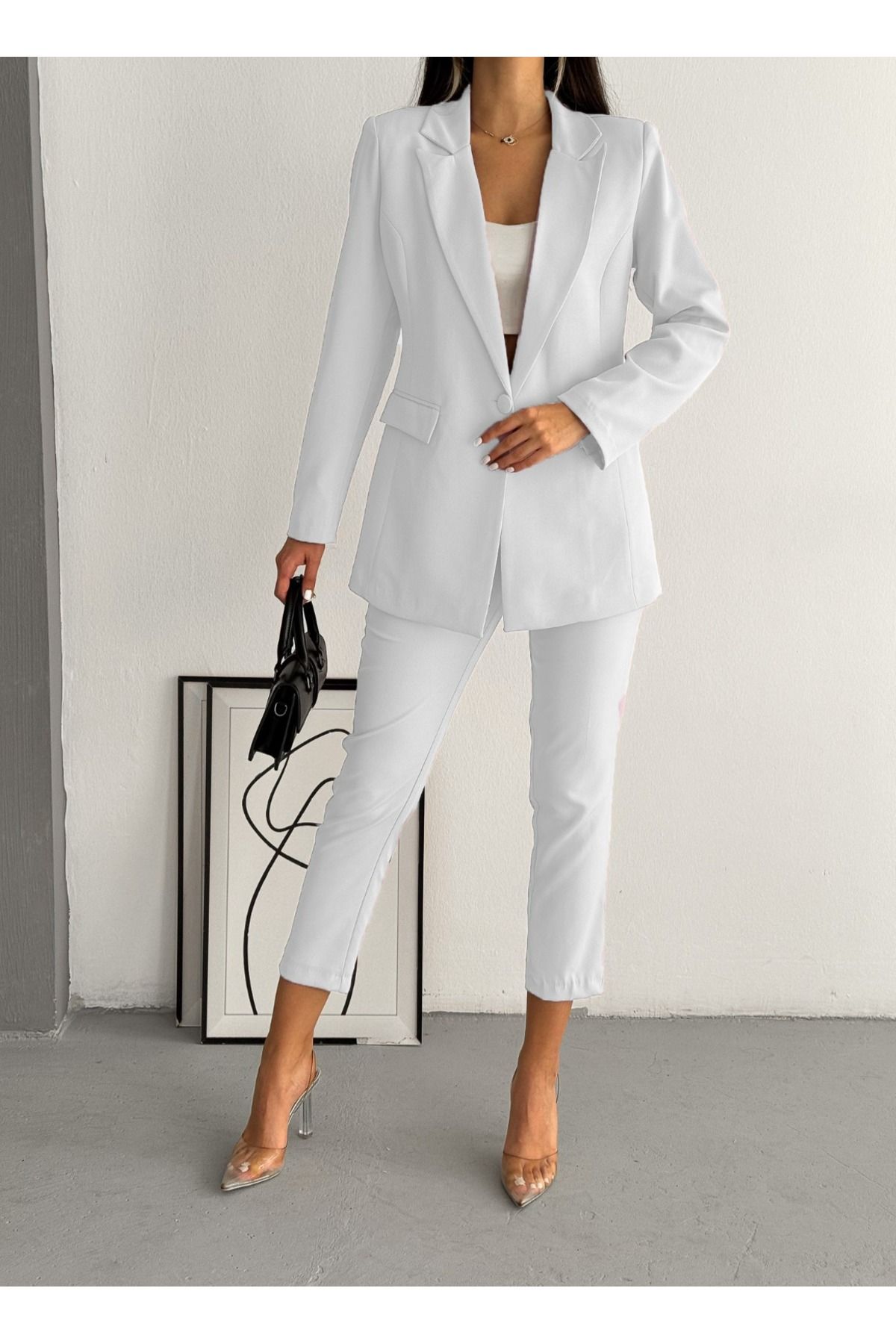 diaves Beyaz Tek Düğme Blazer Ceket Havuç Pantolon Takım Elbise