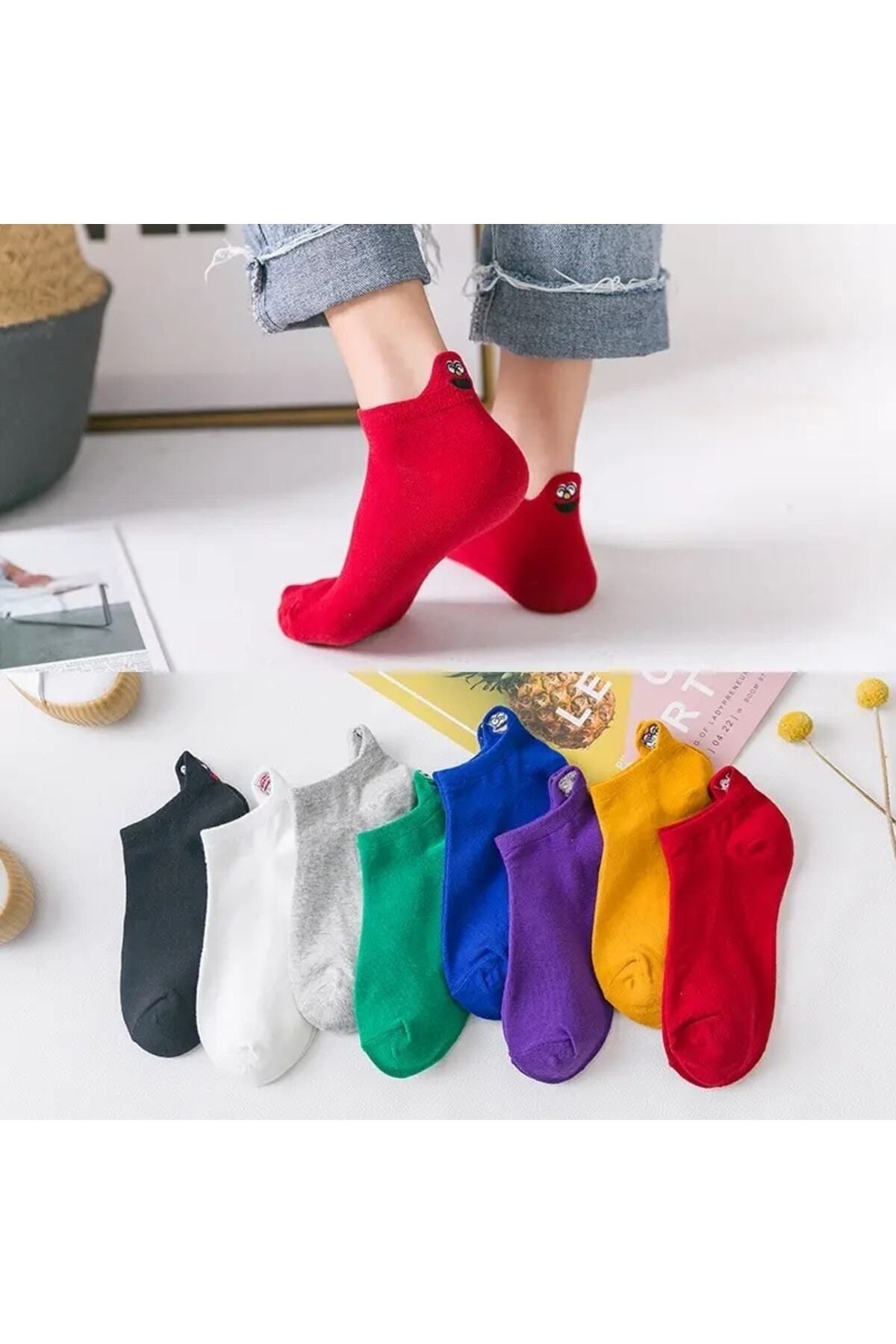 Önder 8 Çift Unisex Renkli Emojili Nakışlı Işlemeli Pamuklu Çorap