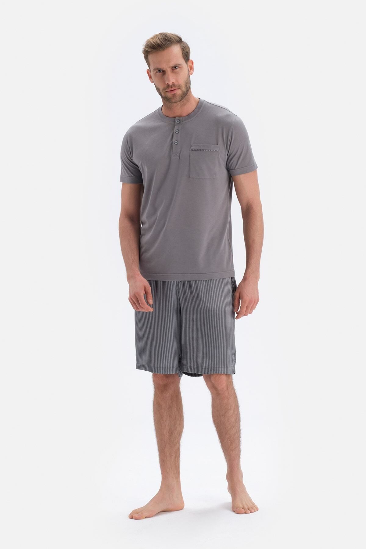 Dagi Gri T-shirt Pantolon Şort Üçlü Set Damat Pijama Takımı