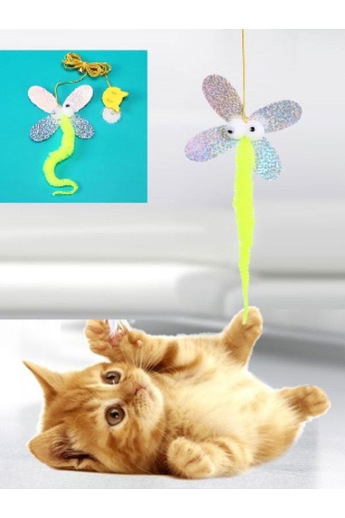 TUĞRA PET MARKET Kelebek Model Elastik Kendinden Yapışkanlı Kedi Oyun Oltası