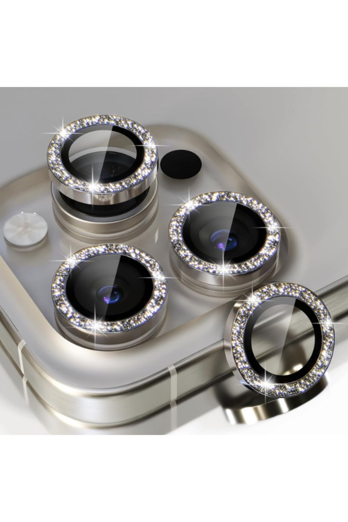 KVK PRİVACY Apple Iphone 15 Pro/15 Promax  Uyumlu Kamera Koruma Taşlı Lens Koruyucu Temperli Cam Koruma Titanium