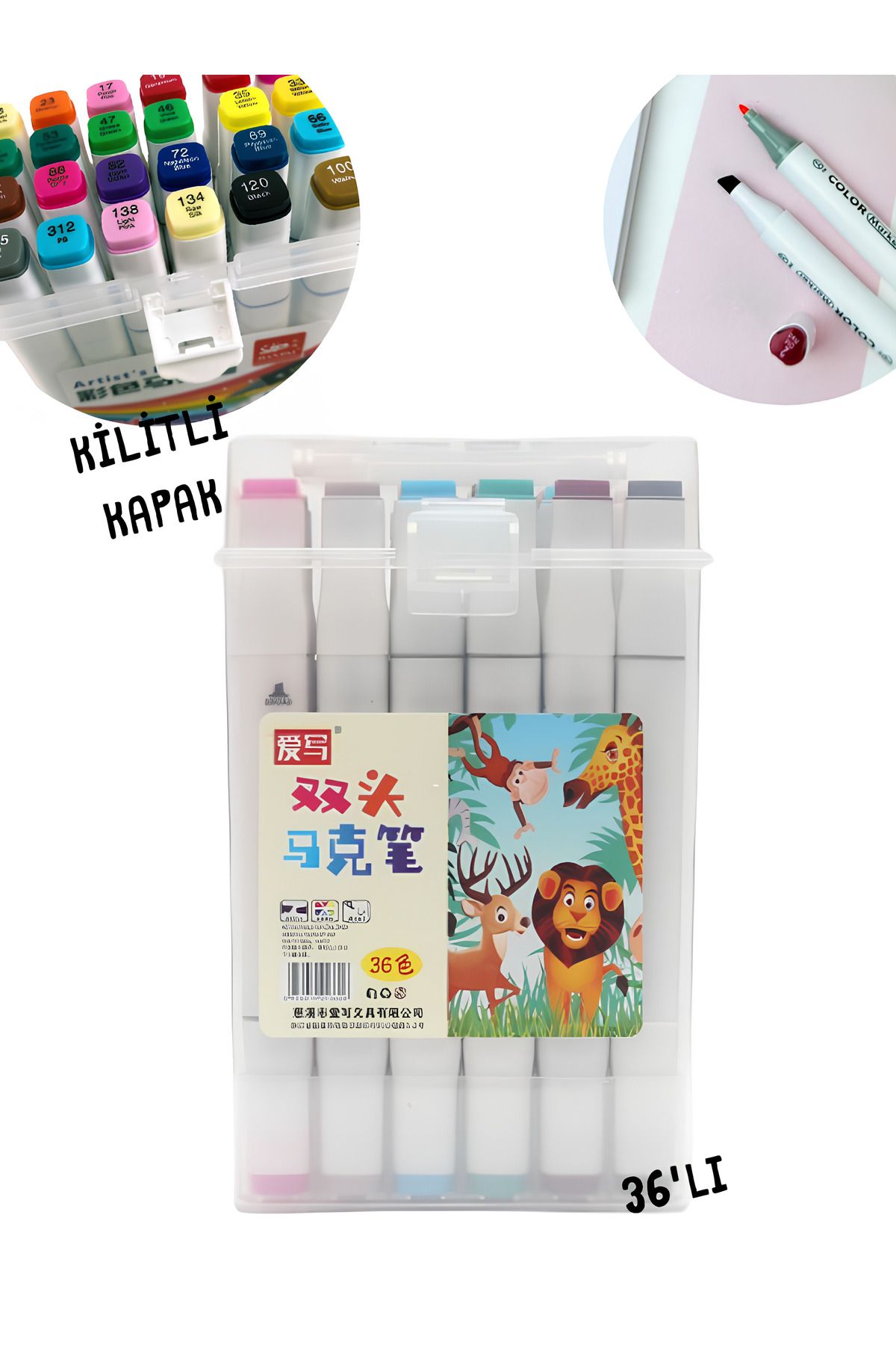 ALLStore TOUCH MARKER KALEM 36 Adet Çift Taraflı Marker Kalem DOUBLE 36 Lı KİLİTLİ ÇANTALI