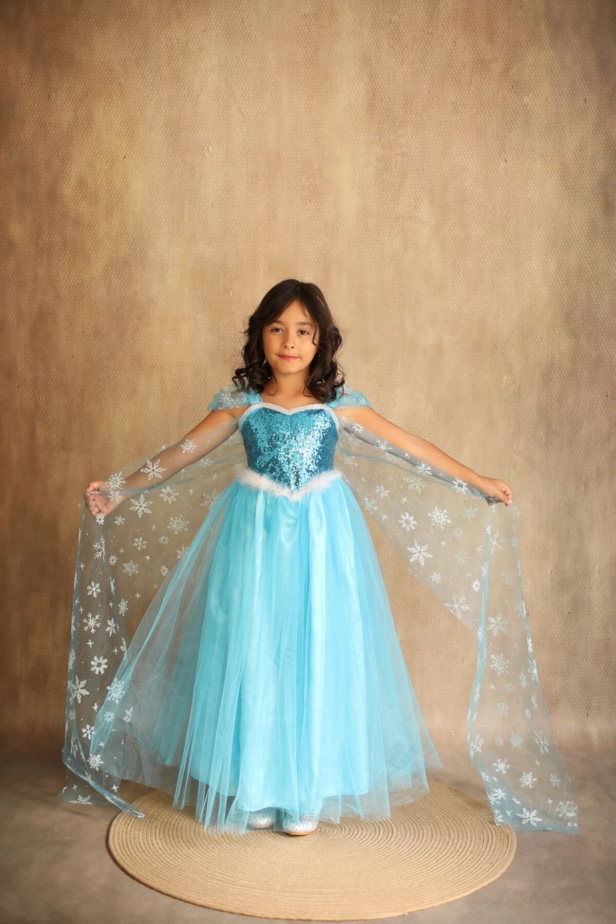 Black&White Kız Çocuk Mavi Elsa Frozen Kostüm, Karlar Kraliçesi Doğum Günü Konsepti, Askılı Elsa Kostümü