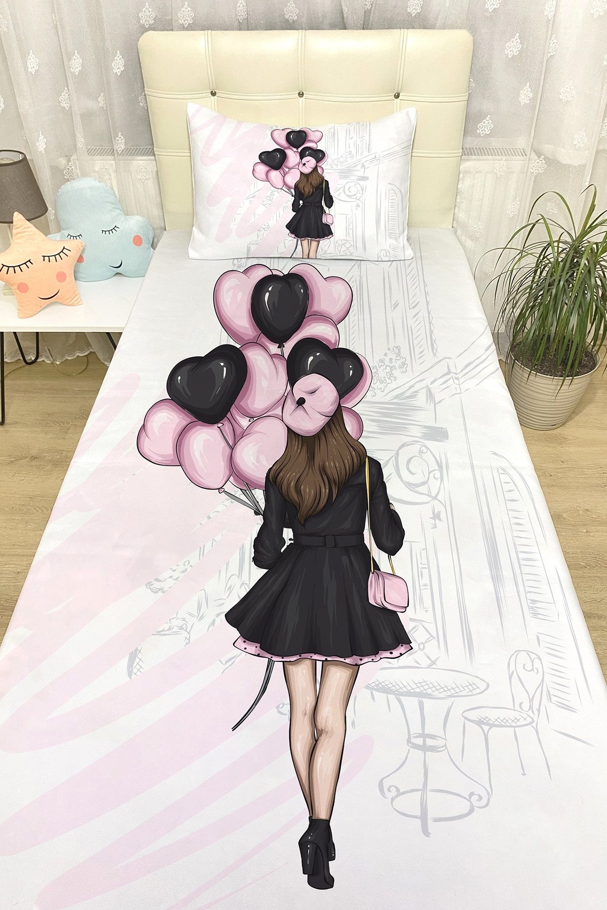 Evpanya Genç Kız Pembe Balonlu Desenli Yatak Örtüsü ve Yastık Kılıfı