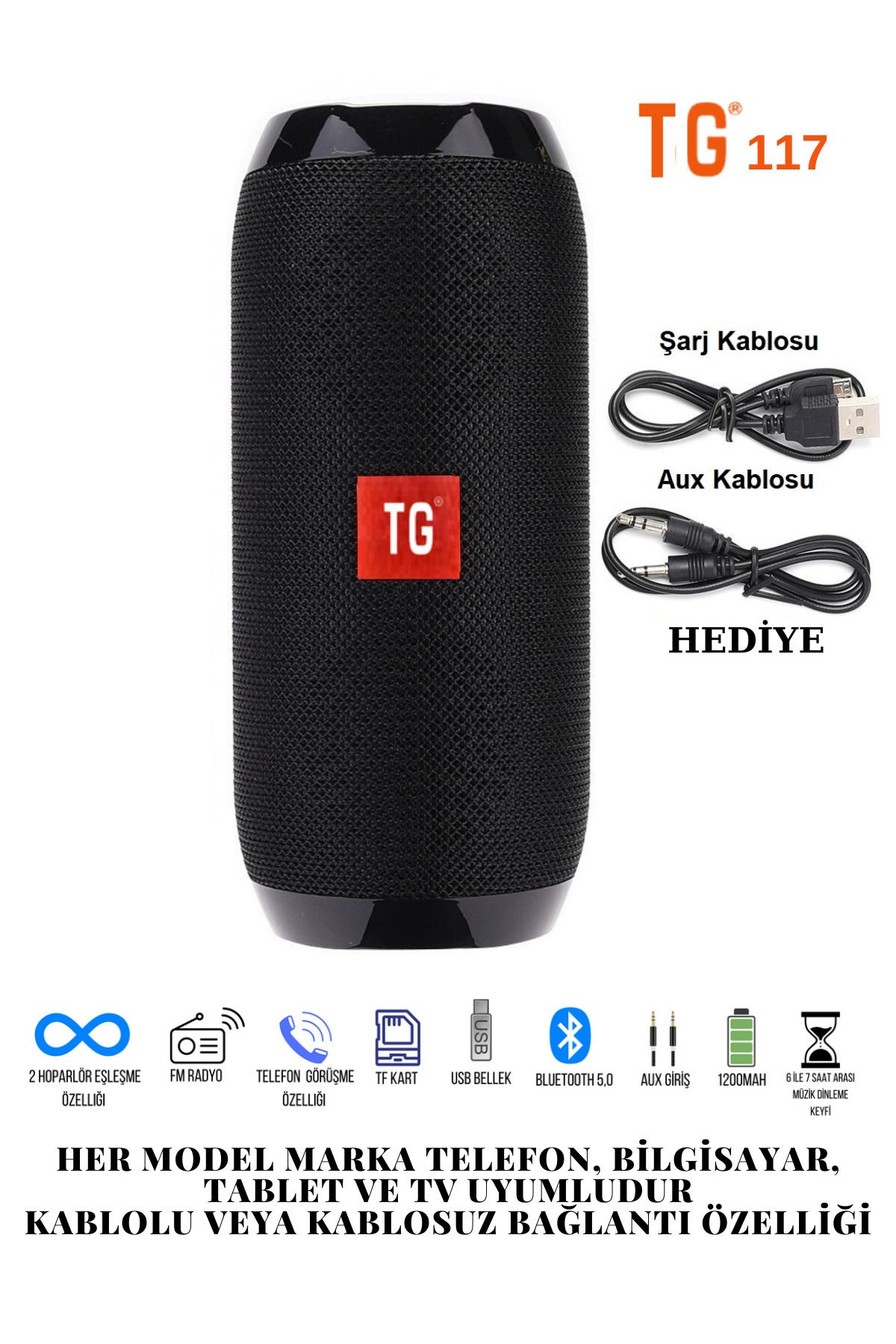 T G 117 Bluetooth Hoparlör Kablosuz Taşınabilir Siyah Ses Bombası Extra Bass.