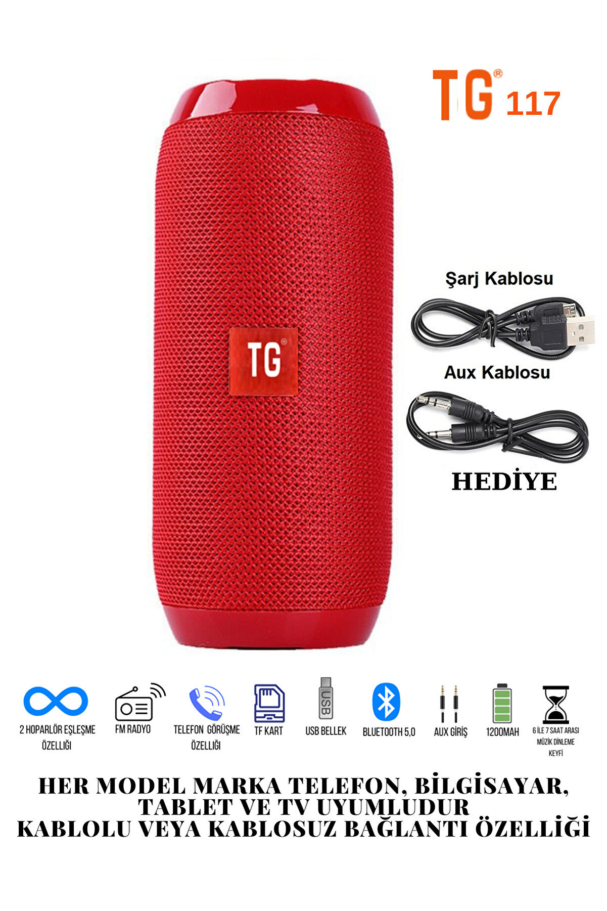 T G T&g 117 Bluetooth Hoparlör Kablosuz Taşınabilir Ses Bombası Extra Bass Kırmızı