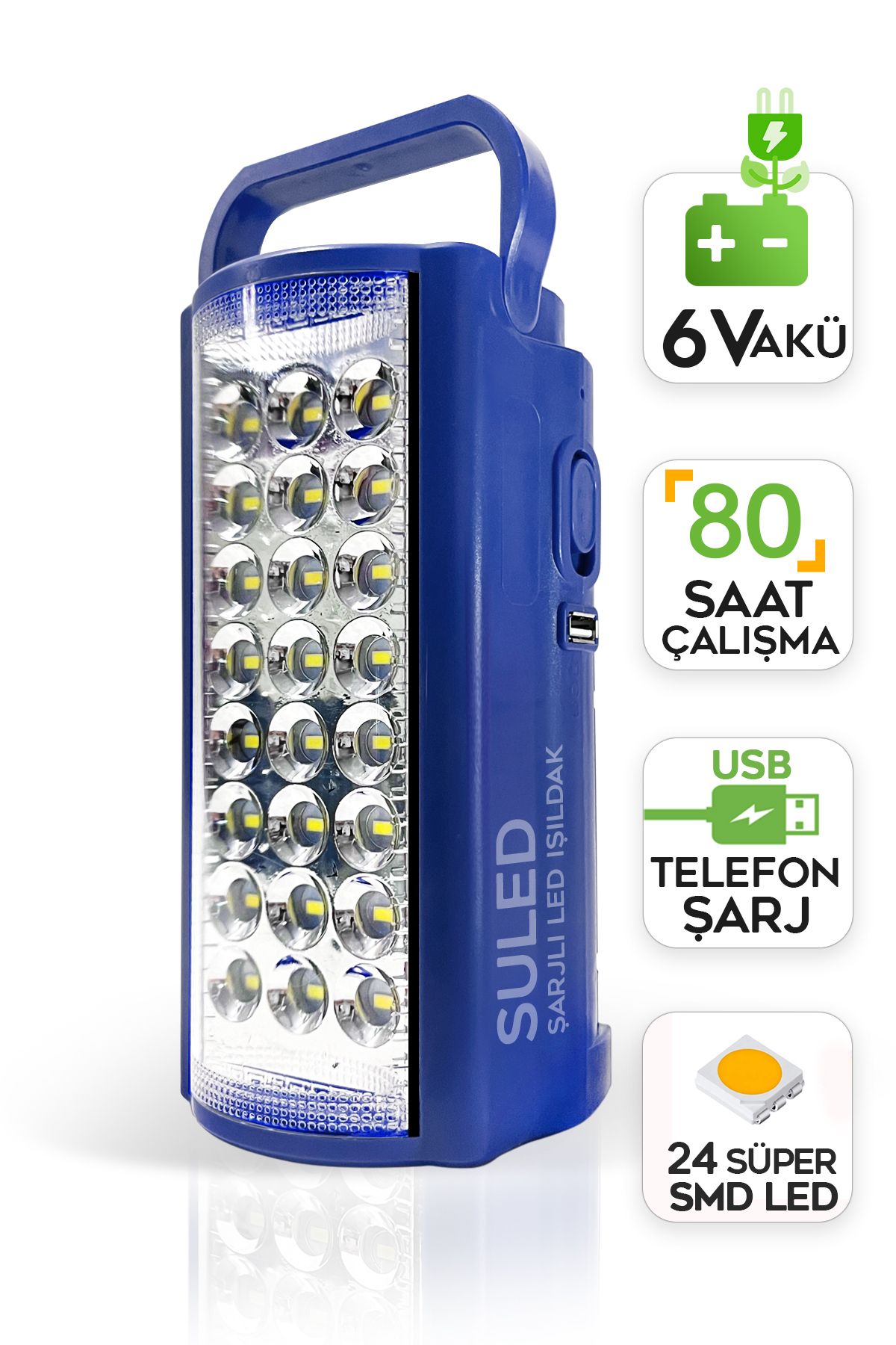 SULED Kamp Lambası USB Şarj Çıkışlı 6V Akülü 80 Saat - 3Gün Aydınlatma 24 SMD Led Işıldak Lamba 220V Şarj