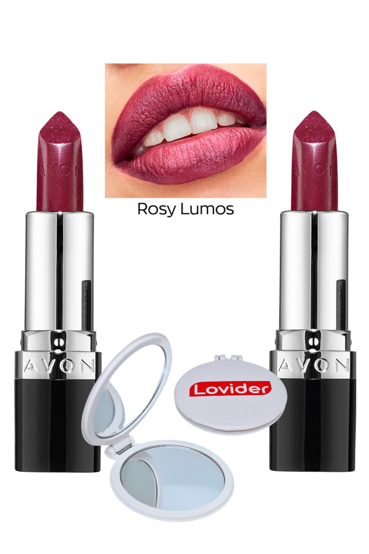 Avon Ultra Shimmer Pırıltılı Ruj Rosy Lumos 2'li + Lovider Cep Aynası Hediye