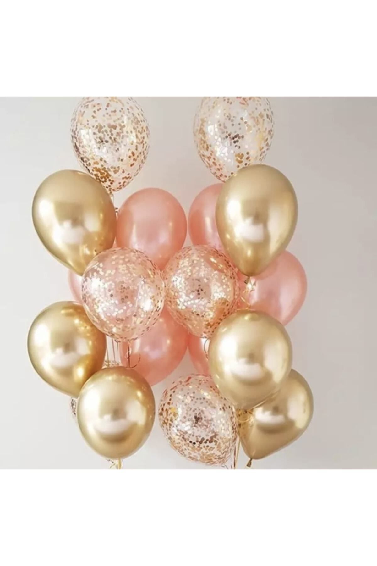 Deniz Party Store Krom Gold 6 Adet Rose Gold Metalik 6 Adet Gold Konfetili Şeffaf Balon 6 Adet Balon Set
