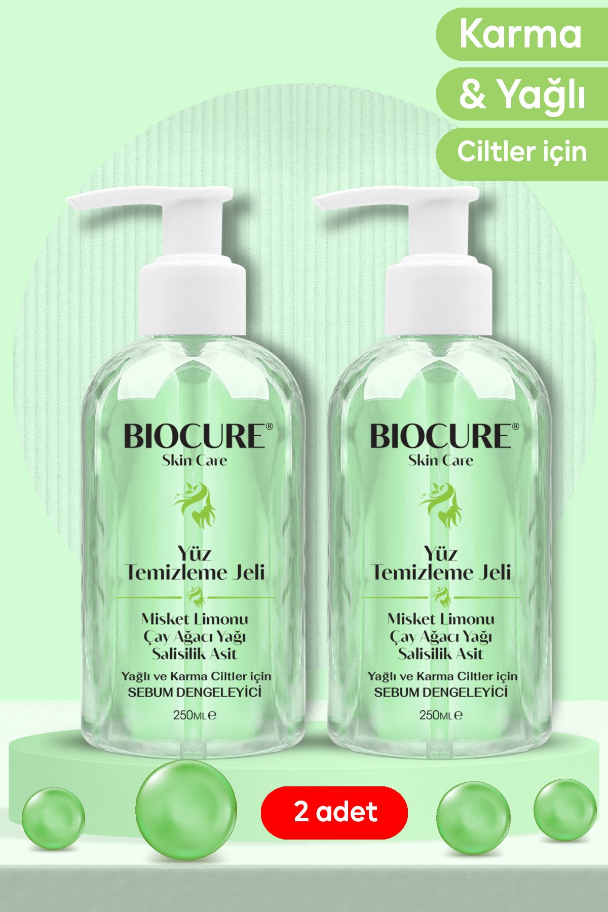 Biocure Yüz Temizleme Jeli Karma ve Yağlı Ciltler için Derinlemesine Temizleyici Salisilik Asit 250mlx2 adet