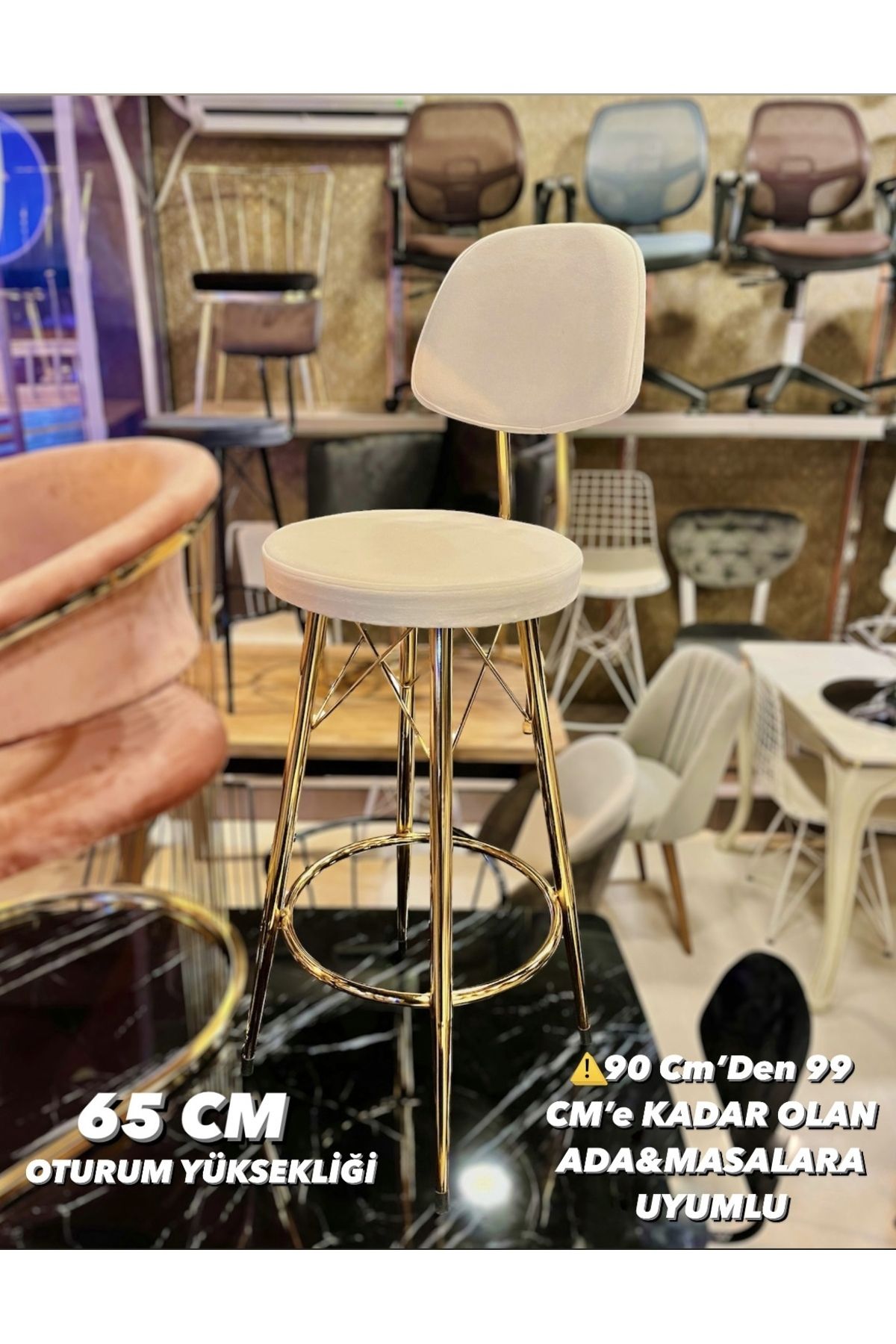Sandalye Shop Yeni Dolce Bar Sandalyesi 65 cm Kırık Beyaz Gold.90 Cmden 99 Cm’e Kadar Olan Ada&Masalara Uyumlu.
