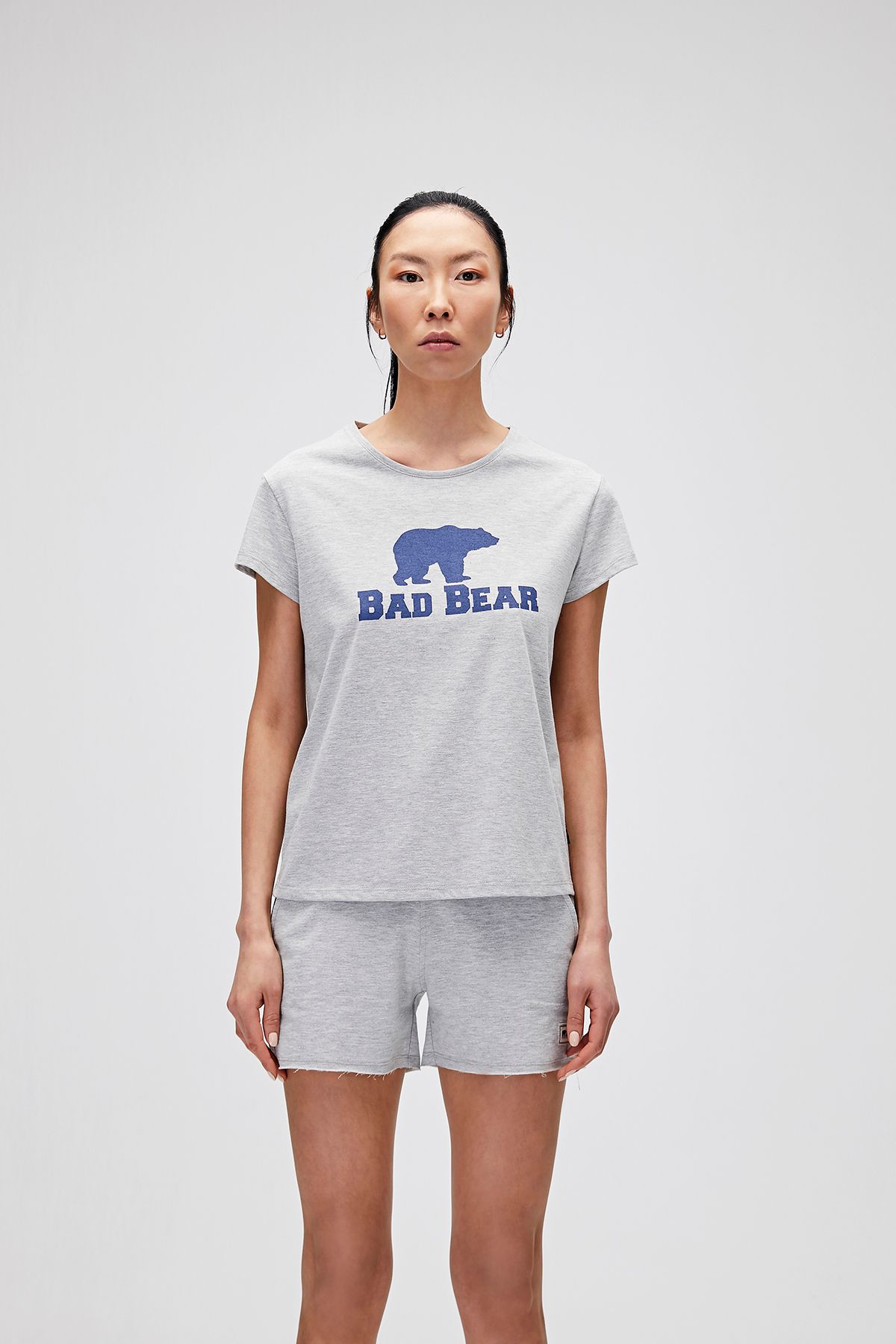 Bad Bear Logo Tee T-shirt Gri Melanj Baskılı Kadın Tişört
